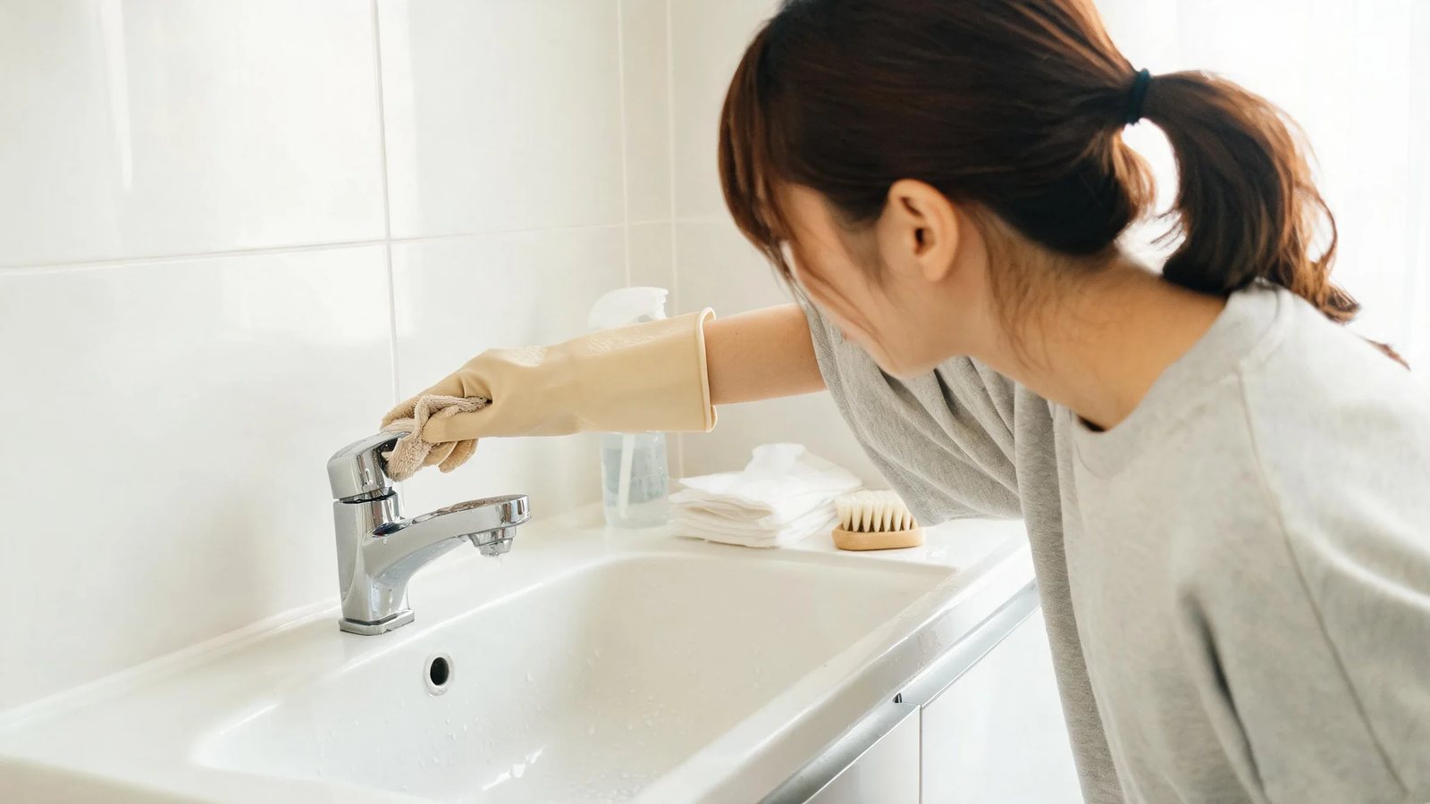 戴手套的手擦拭水龍頭底座或水槽邊緣