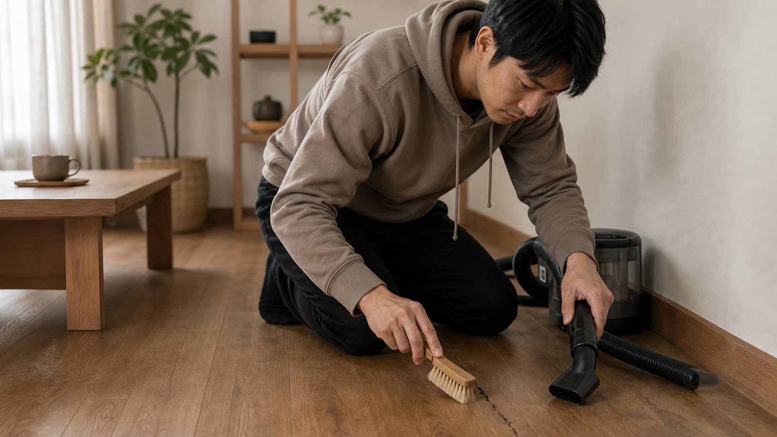 地板裂縫旁用軟刷和吸塵器清出細灰,地面保持乾燥
