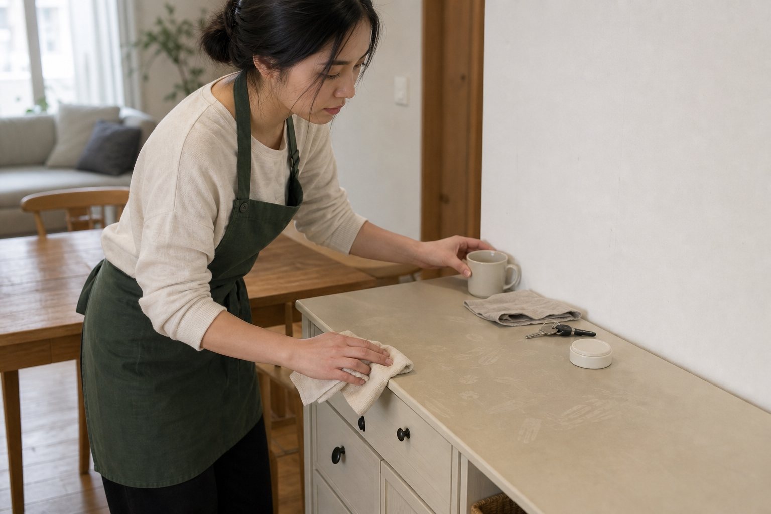 餐桌旁家具表面累積手印油膜與日常雜物