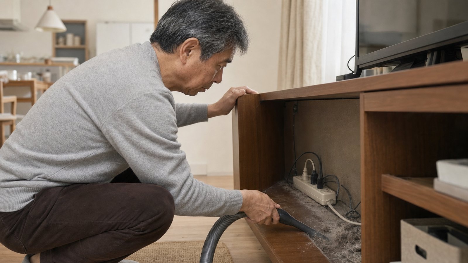 電視櫃後方有延長線和灰塵,旁邊有吸塵器細嘴吸頭