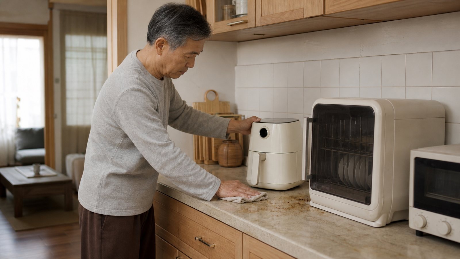 廚房小家電排成一排,氣炸鍋和消毒櫃周邊有油灰與散熱空間