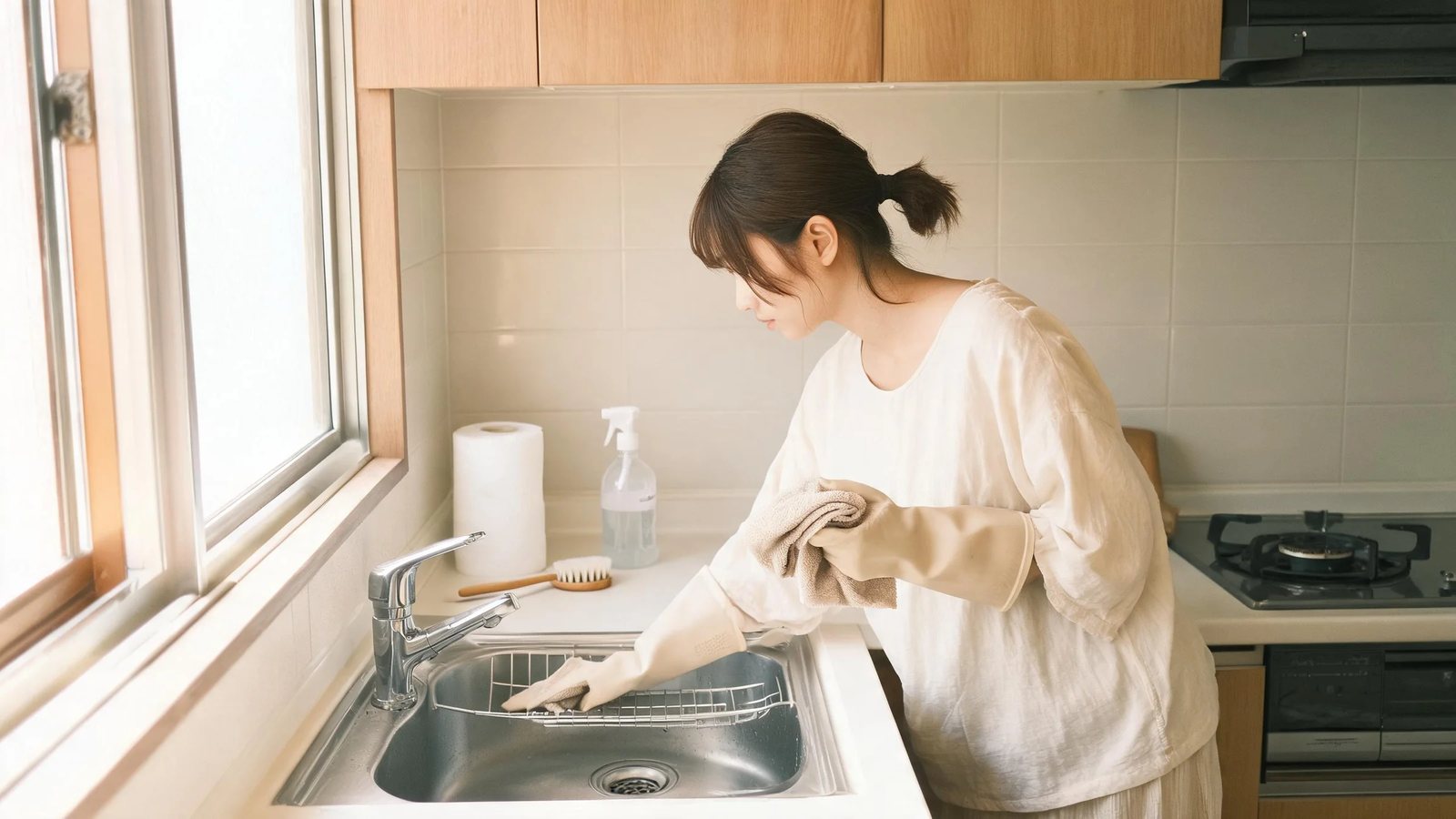 廚房水槽、檯面和下方櫥櫃周邊清潔後的清爽畫面