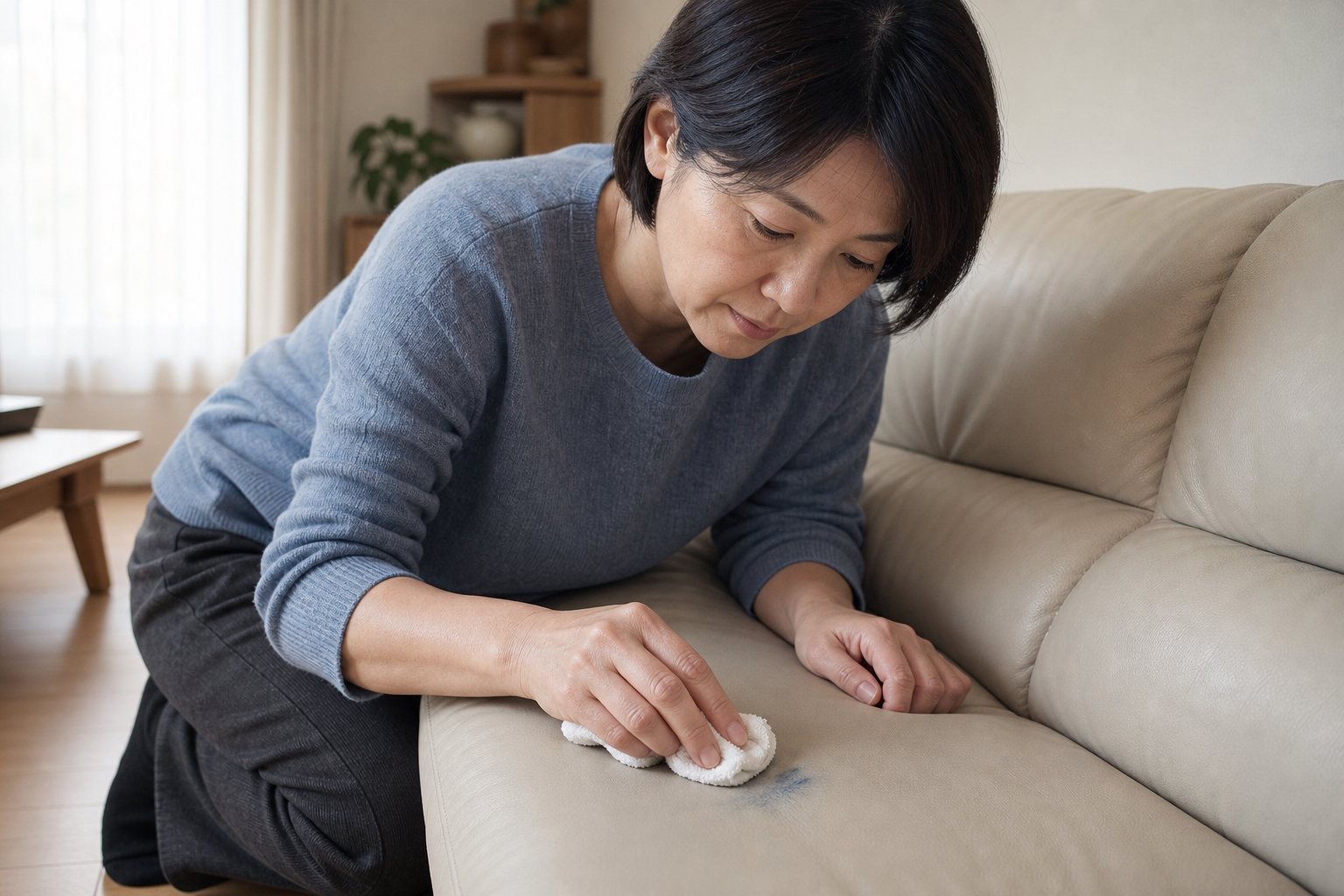 淺色真皮沙發局部出現牛仔褲染色轉印痕跡
