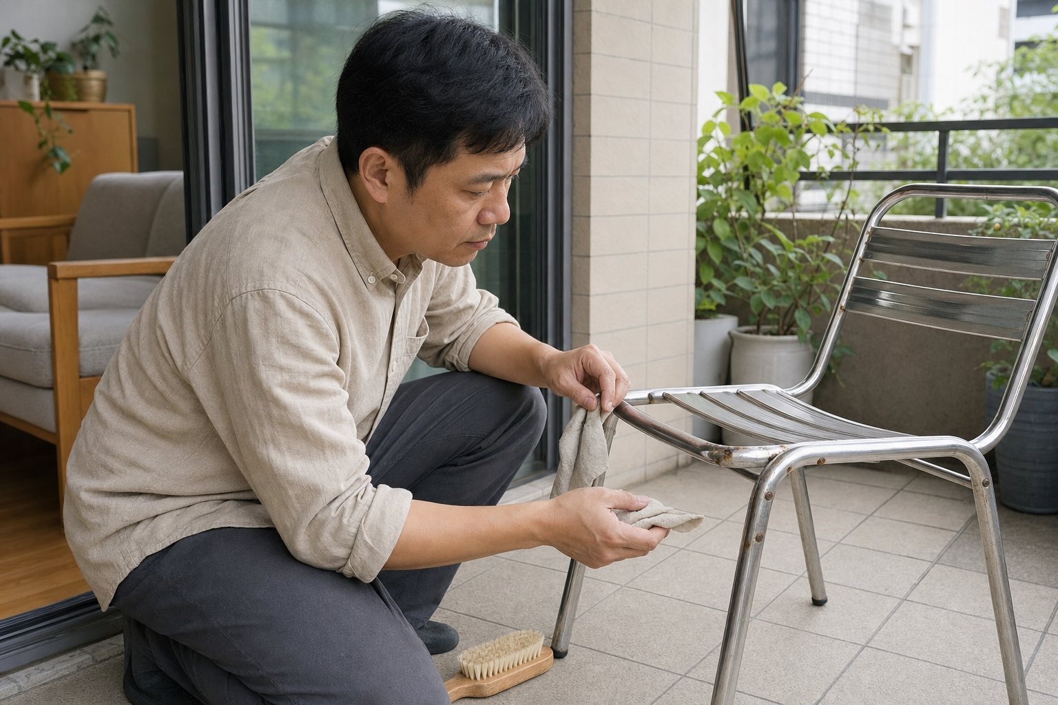 陽台電鍍椅腳接縫與螺絲孔附近出現黃褐色鏽點 陽台電鍍椅腳接縫與螺絲孔附近出現黃褐色鏽點
