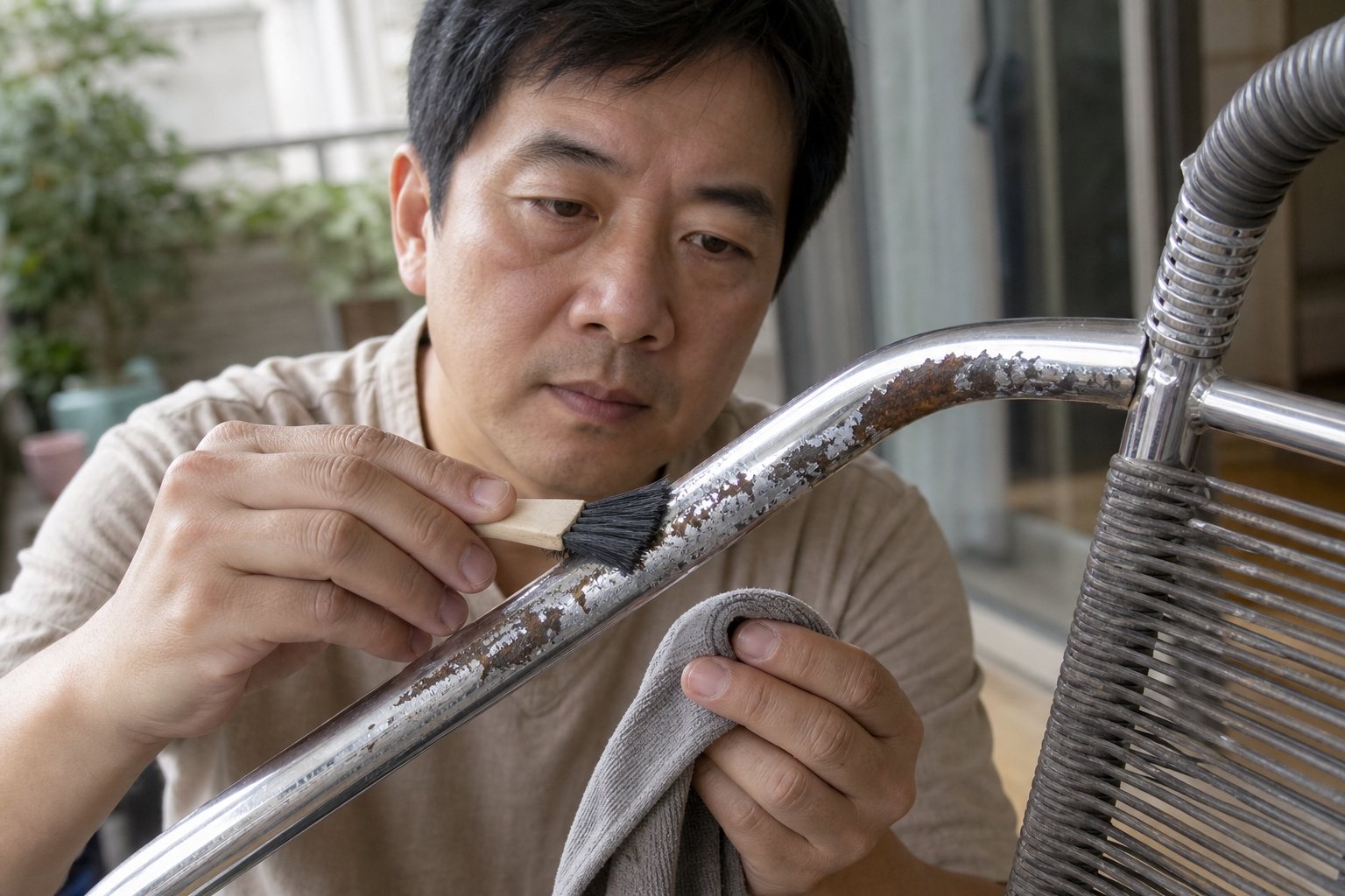 金屬椅扶手鍍層剝落後露出底材與大片鏽斑