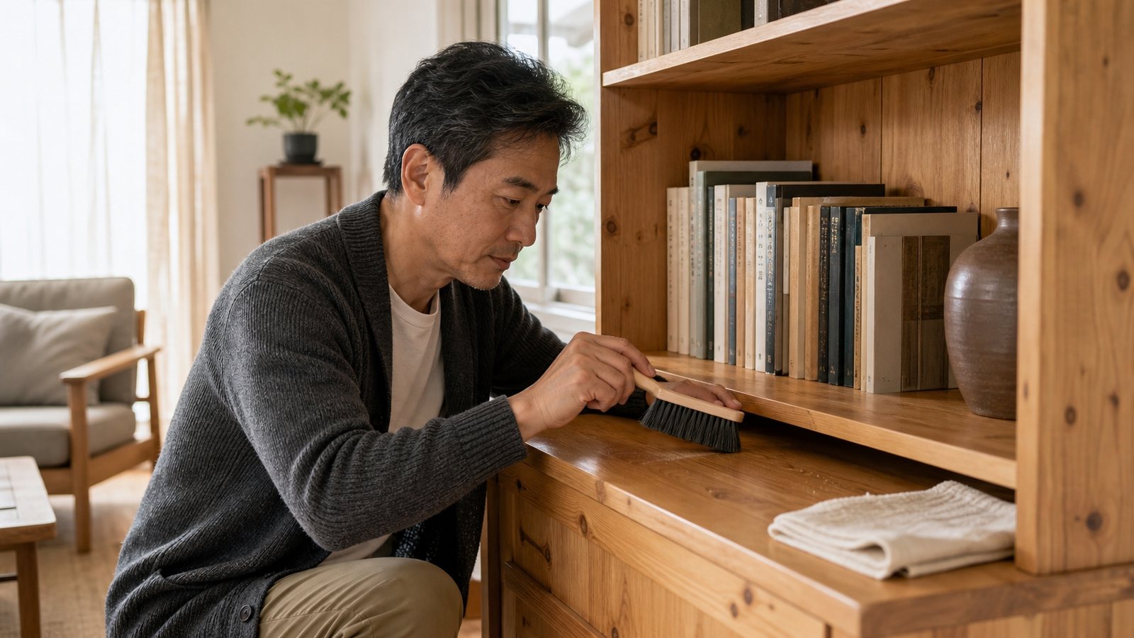 松木書櫃表面有輕微刮痕,旁邊放著柔軟棉布和小刷子