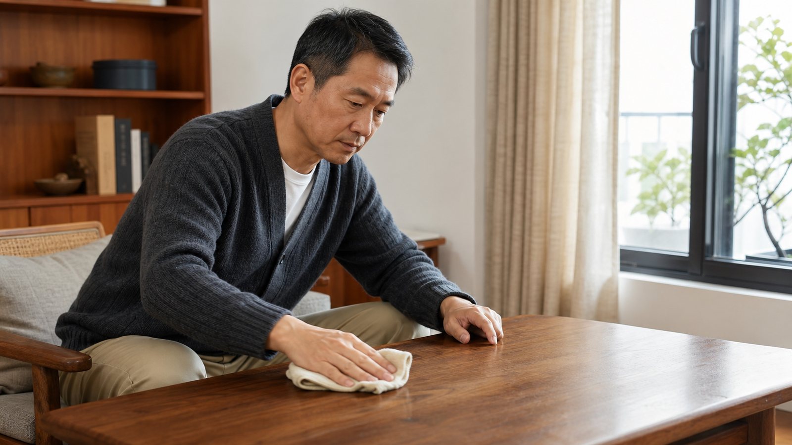通風明亮的客廳裡有木質家具,桌面乾淨且留有生活使用痕跡