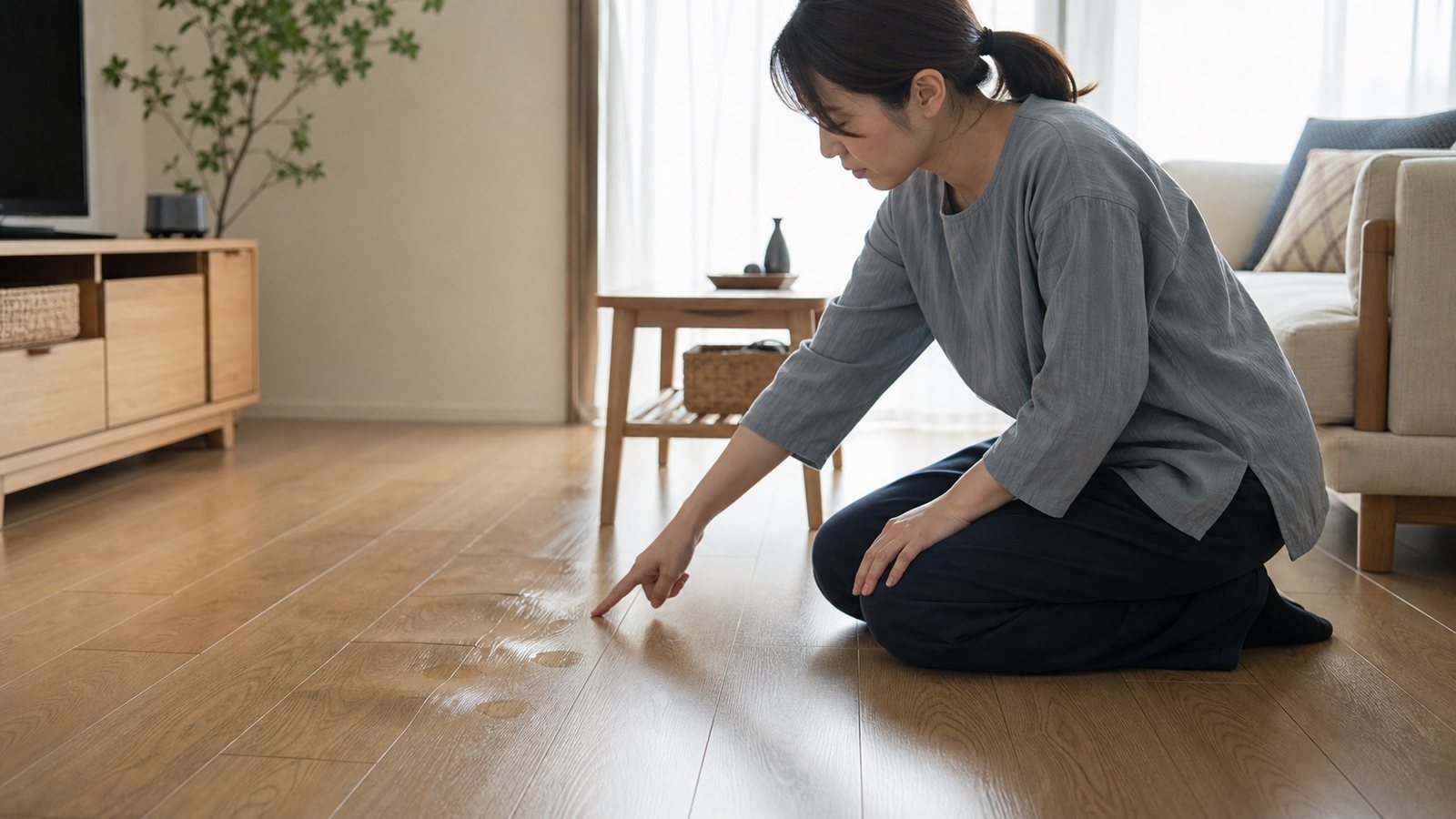新家客廳木地板局部起拱與光線下的油膜 新家客廳木地板局部起拱與光線下的油膜