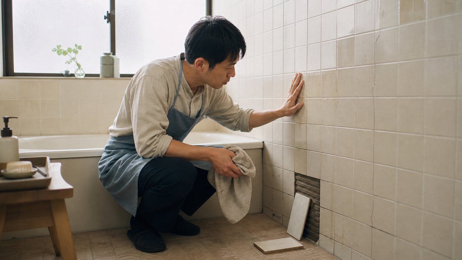 浴室瓷磚掉落時,先看周圍是否也有翹起、裂縫或水痕 浴室瓷磚掉落時,先看周圍是否也有翹起、裂縫或水痕