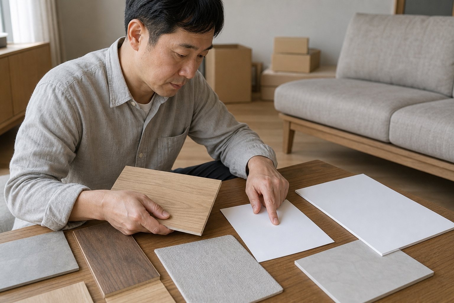 裝修材料樣板旁放著產品說明與檢測文件