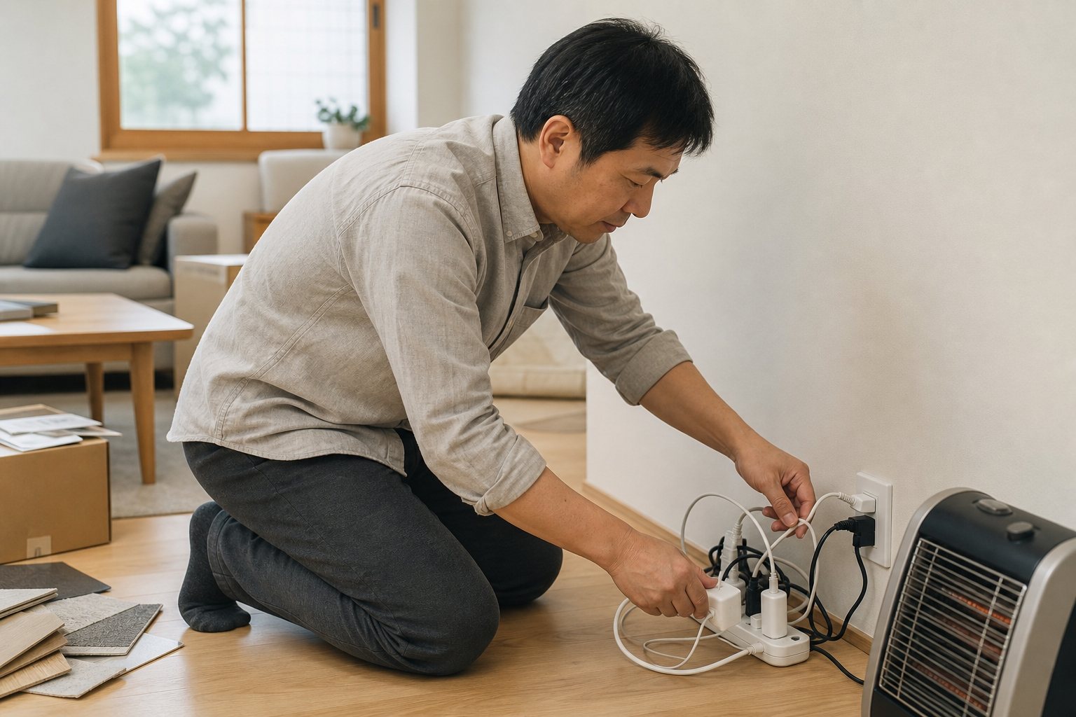 客廳延長線旁有充電器與取暖設備需要重新整理