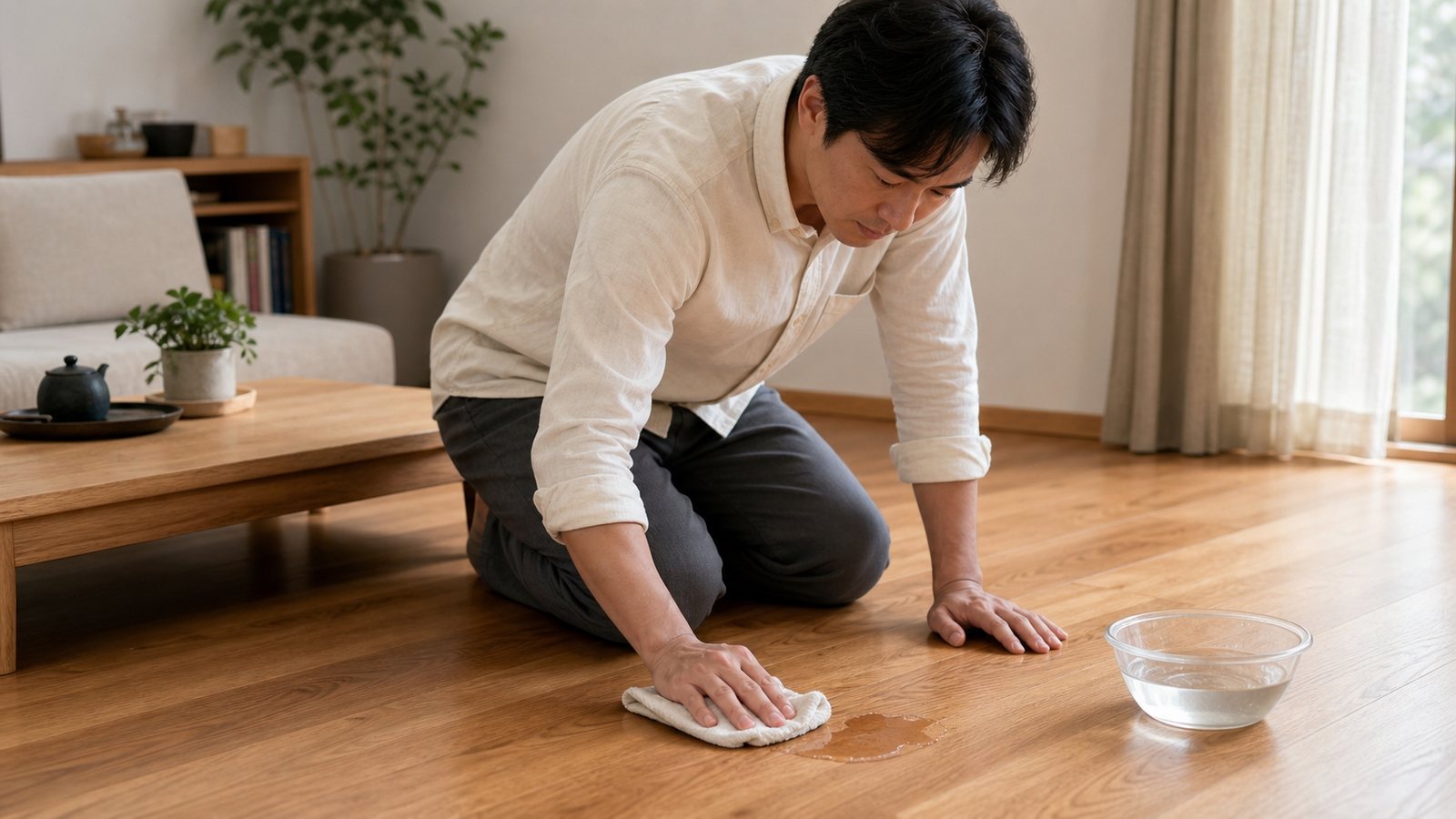 用軟布少量溫水處理木地板水性污漬