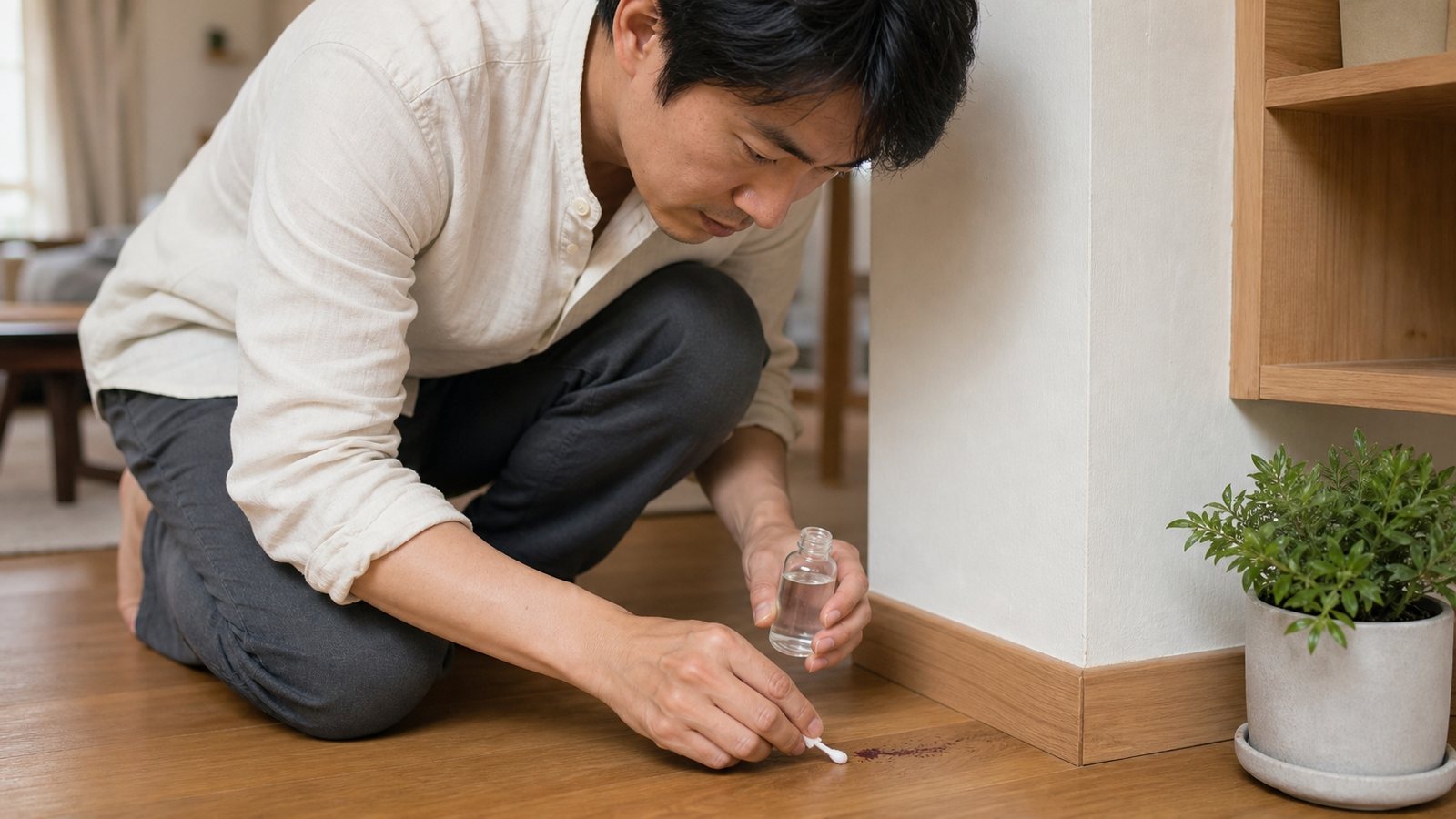在地板角落小範圍測試酒精去污
