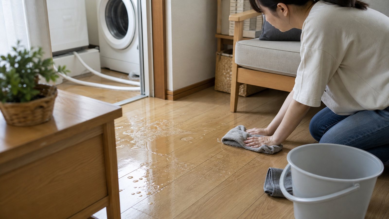 洗衣機水管漏水後客廳木地板表面積水 洗衣機水管漏水後客廳木地板表面積水