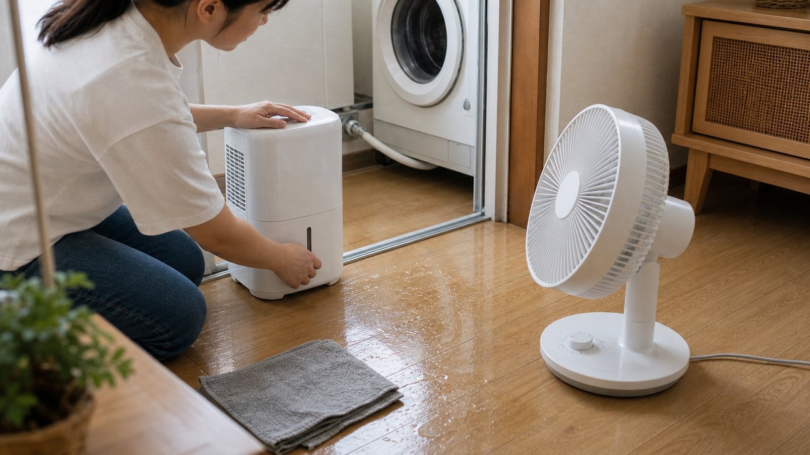 除濕機和電風扇協助木地板泡水後乾燥
