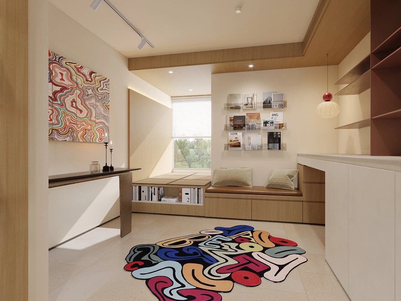 木質休憩區設計 木質奶油風休憩區設計,臥榻、展示牆與藝術地毯搭配