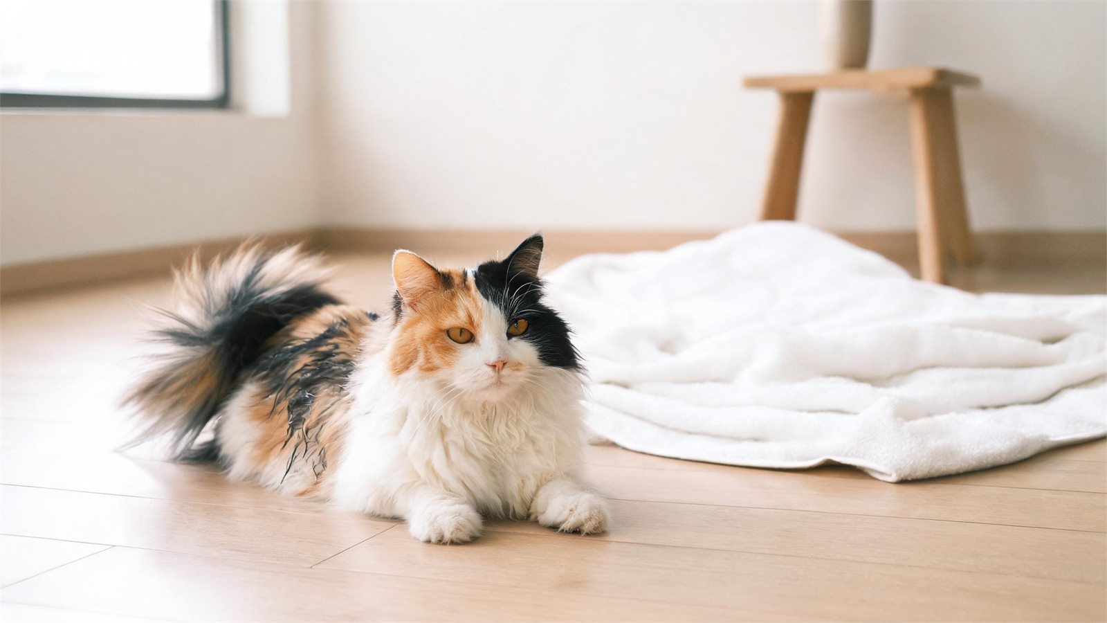 飼主用吸水毛巾溫柔壓乾貓咪毛髮，呼應貓咪洗澡後吹乾重點