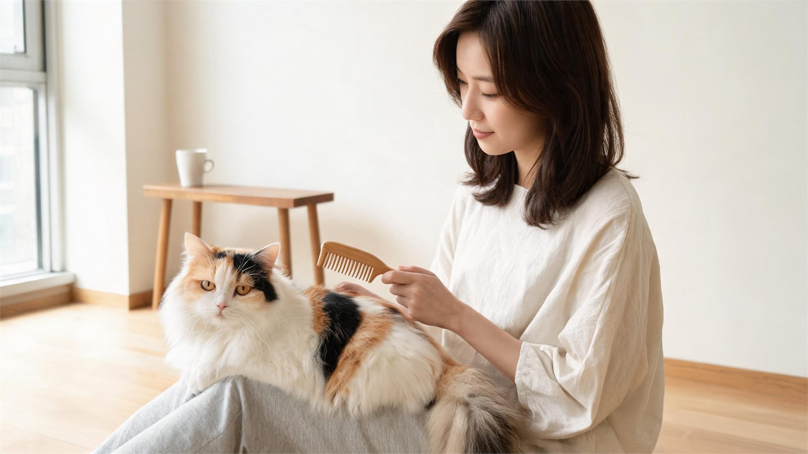 貓咪靠在飼主腿邊安靜梳毛，呼應貓咪洗澡之外的日常梳毛照護