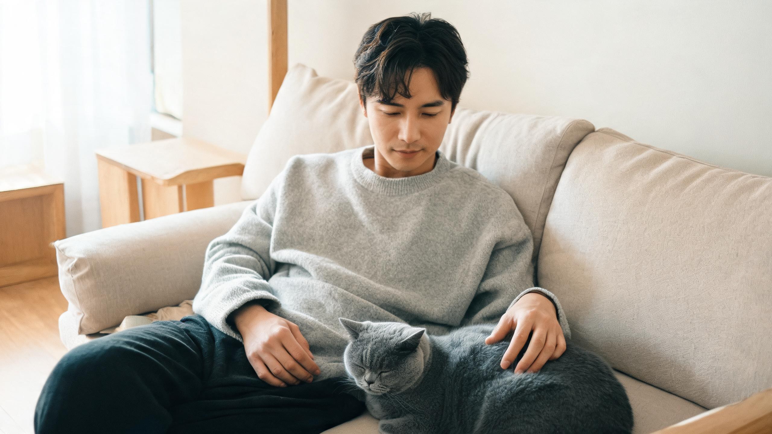 毛孩在家中停下來看主人的日常瞬間，呼應「貓咪家具規則訓練」主題