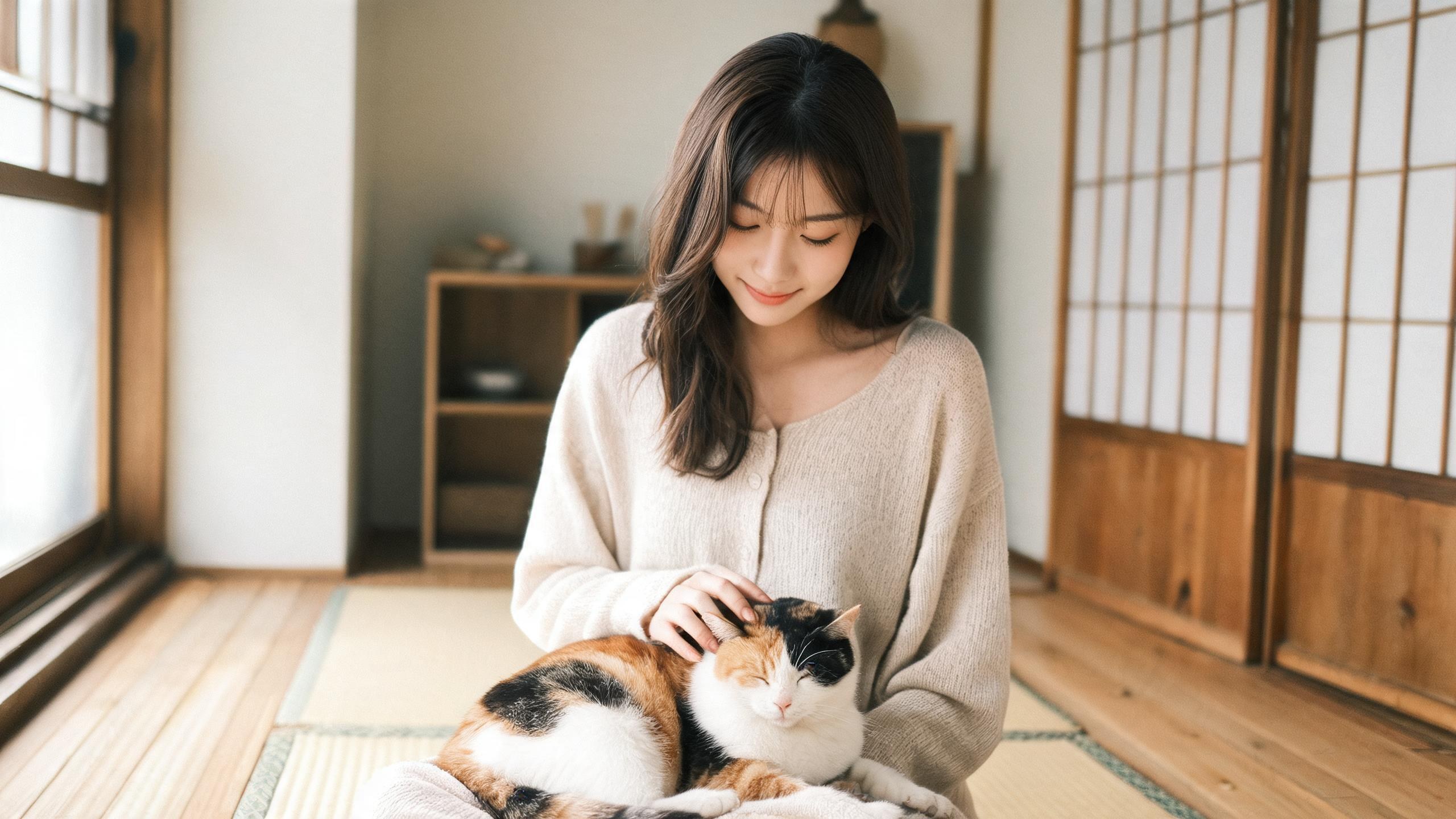 主人用溫和姿勢引導毛孩的居家情境，呼應「貓咪呼喚訓練」主題