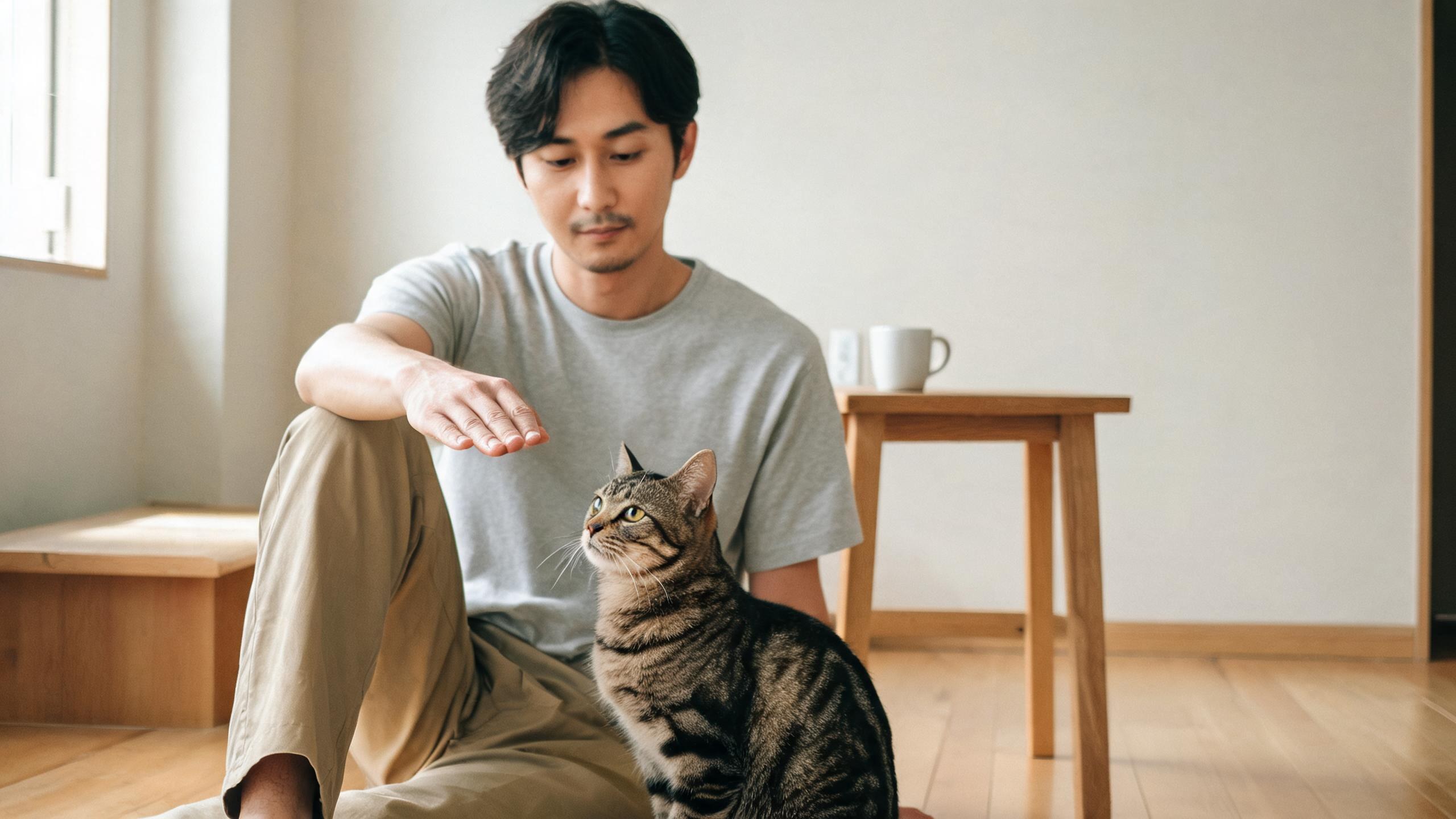 清晨家中毛孩靠近主人腳邊的生活畫面，呼應「貓咪坐下訓練」主題