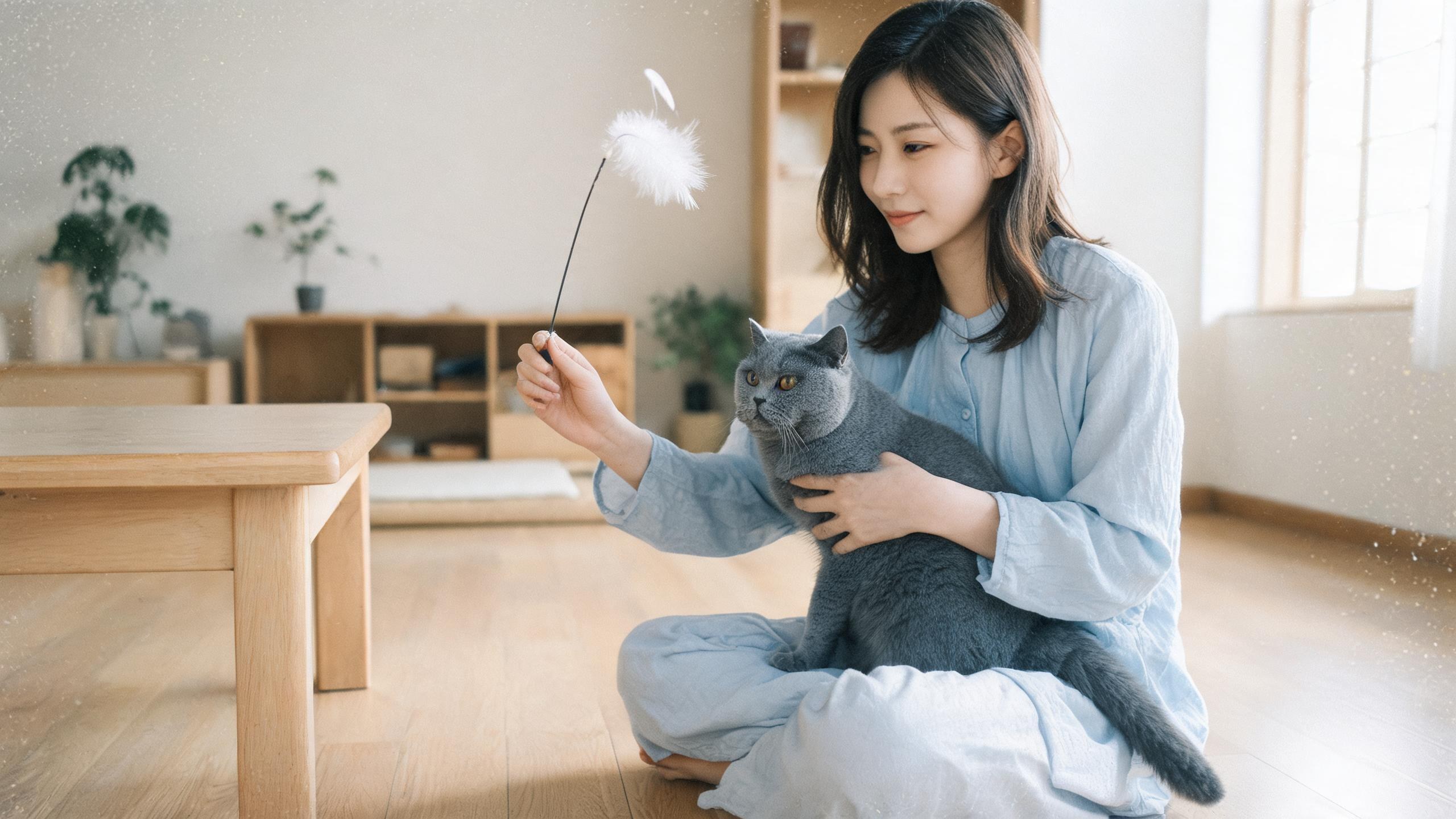 主人用溫和姿勢引導毛孩的居家情境，呼應「訓練貓咪的基本方法」主題