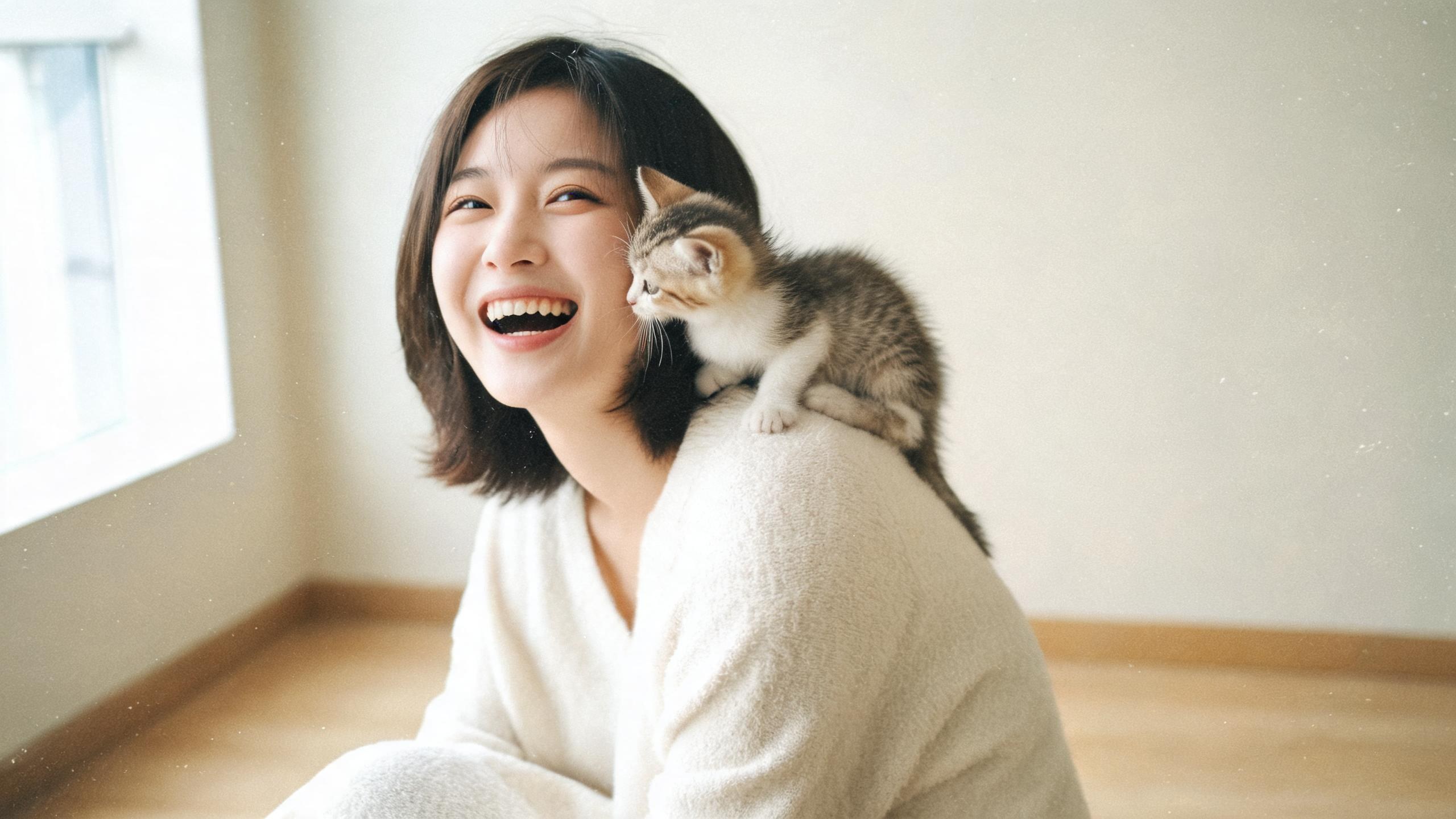 主人用溫和姿勢引導毛孩的居家情境，呼應「貓咪才藝訓練」主題