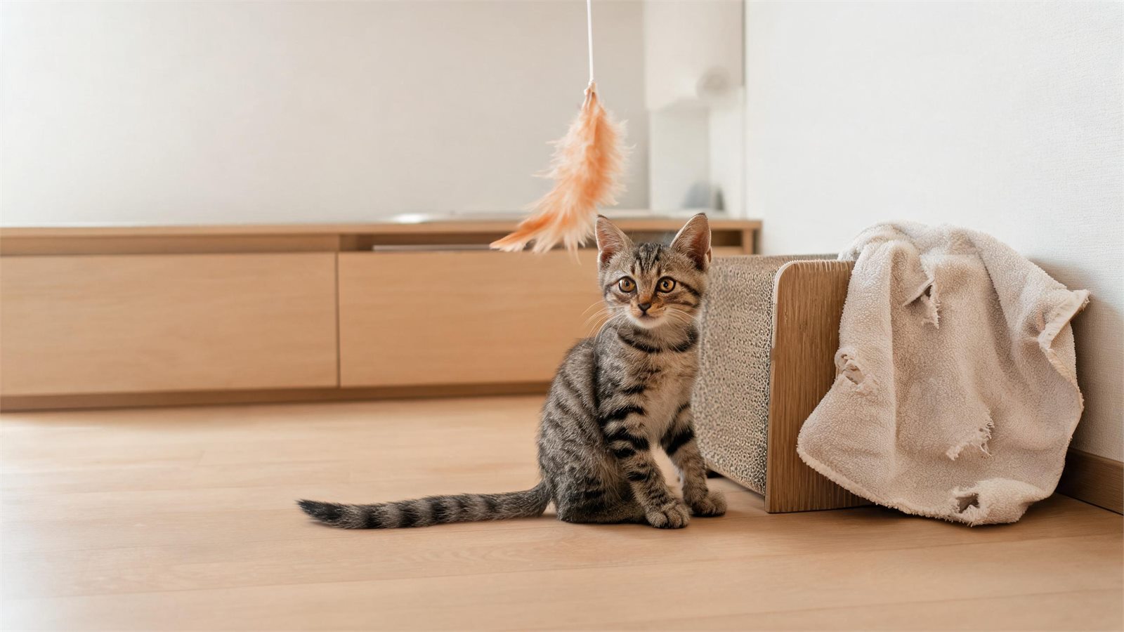飼主用逗貓棒陪幼貓玩，避免幼貓行為把手當成獵物