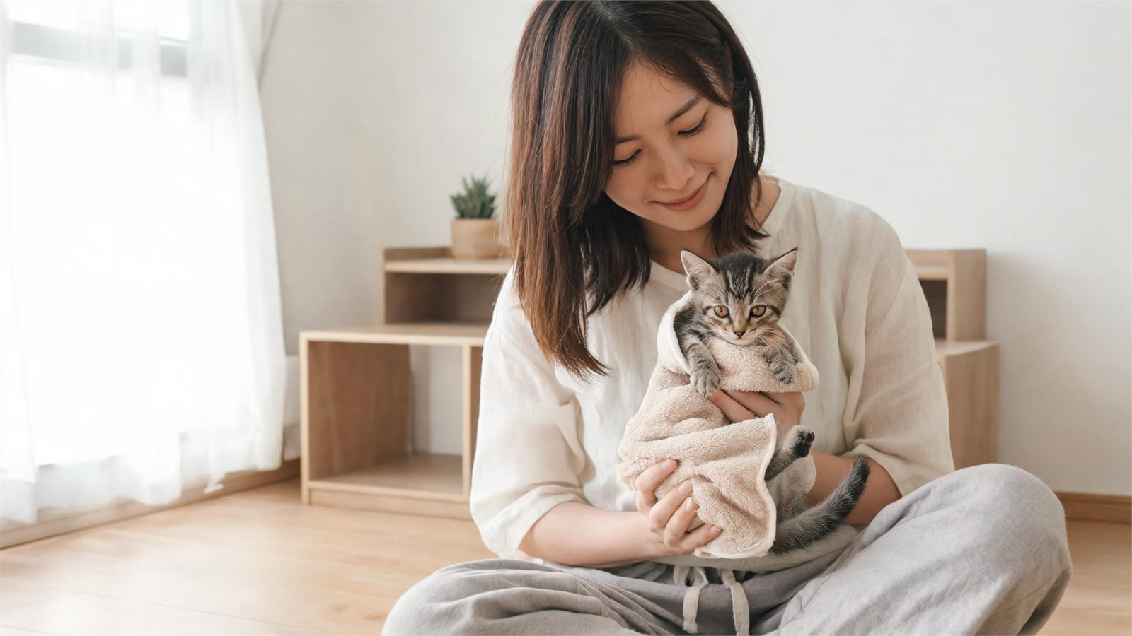 長大的小貓在乾淨布毯上伸出爪子，呼應孤兒貓人工哺乳後慢慢長大的結尾