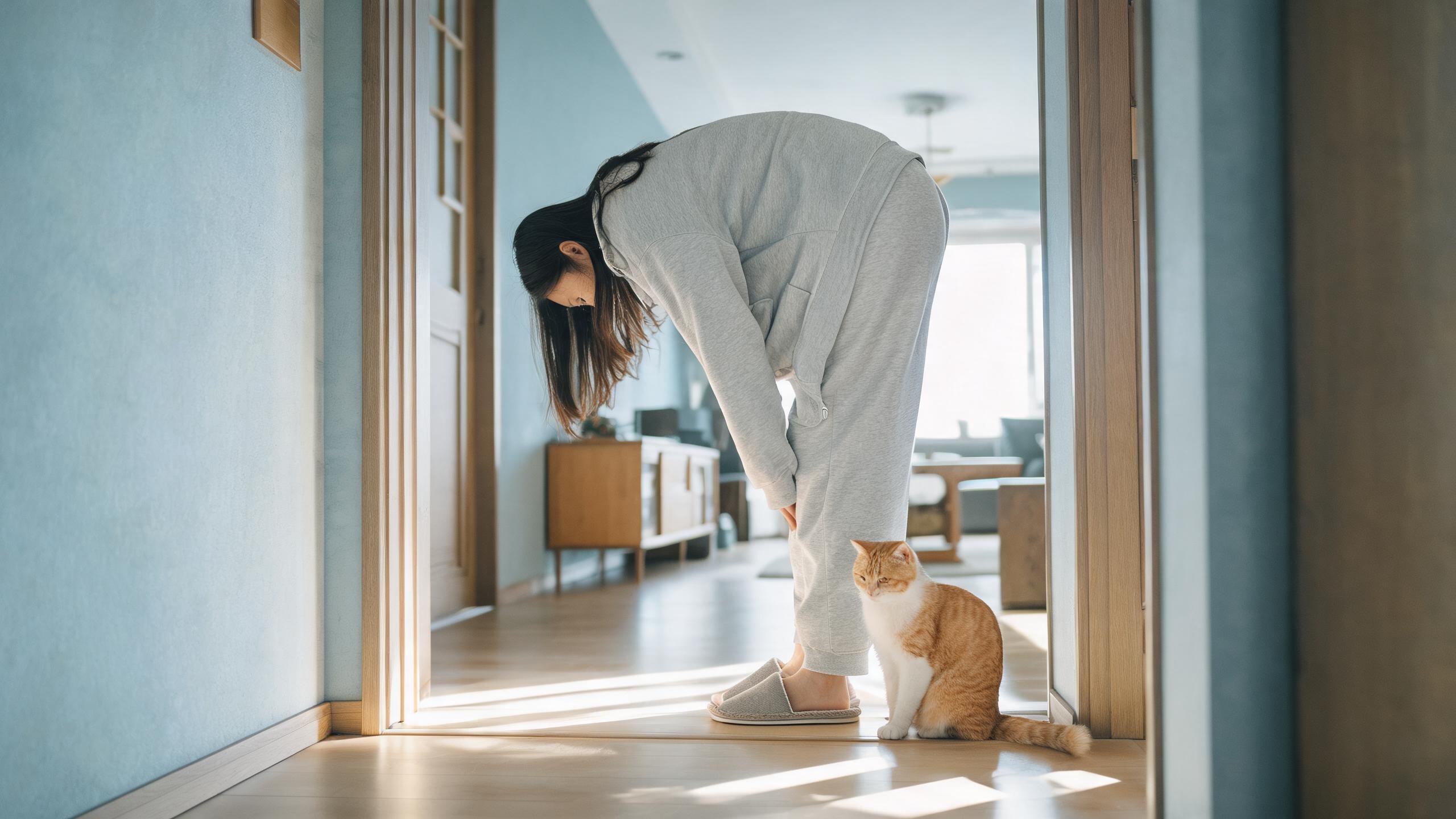 主人用溫和姿勢引導毛孩的居家情境，呼應「狗狗獨處訓練」主題