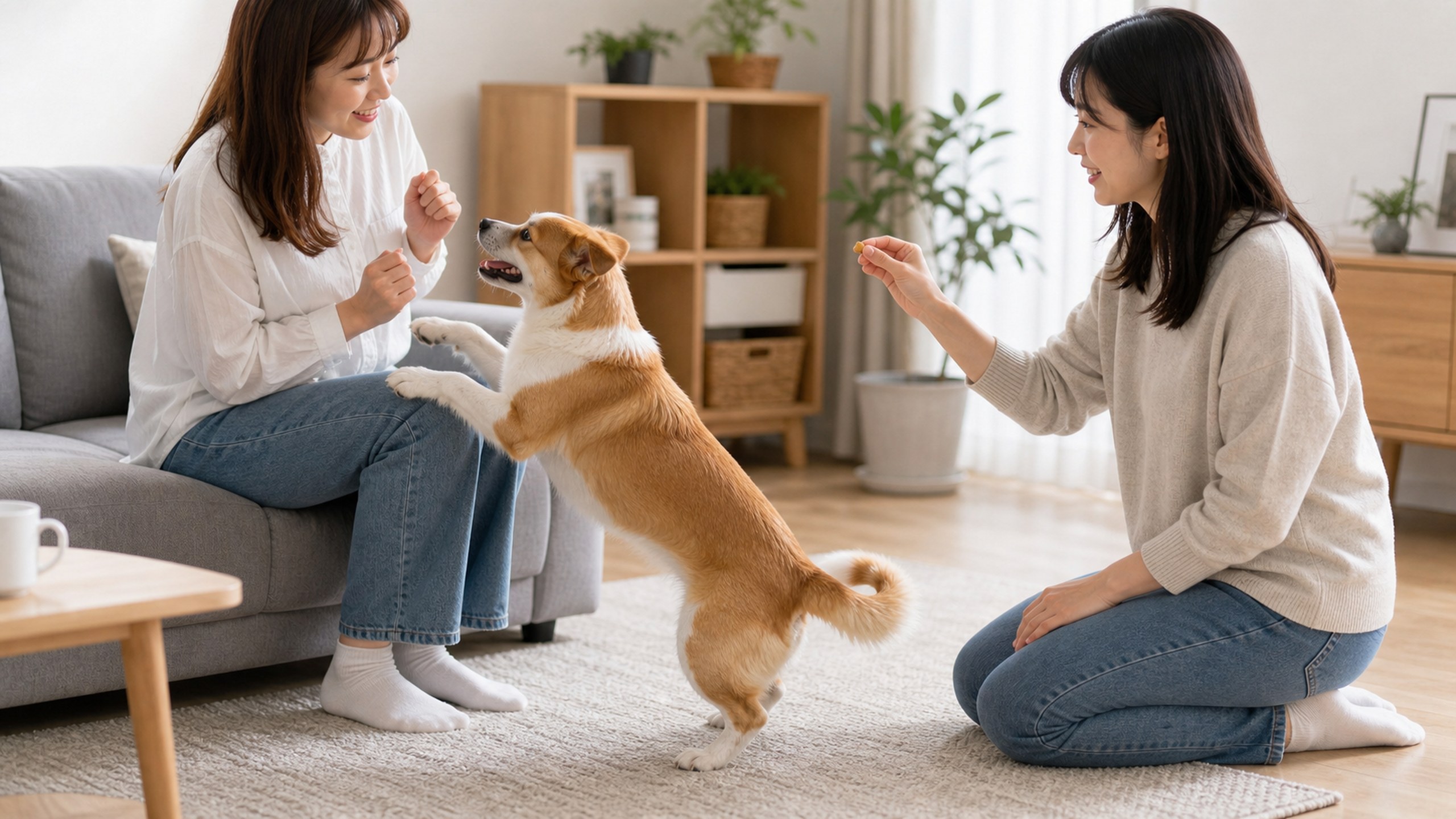 主人用溫和姿勢引導毛孩的居家情境，呼應「狗狗壞習慣原因」主題