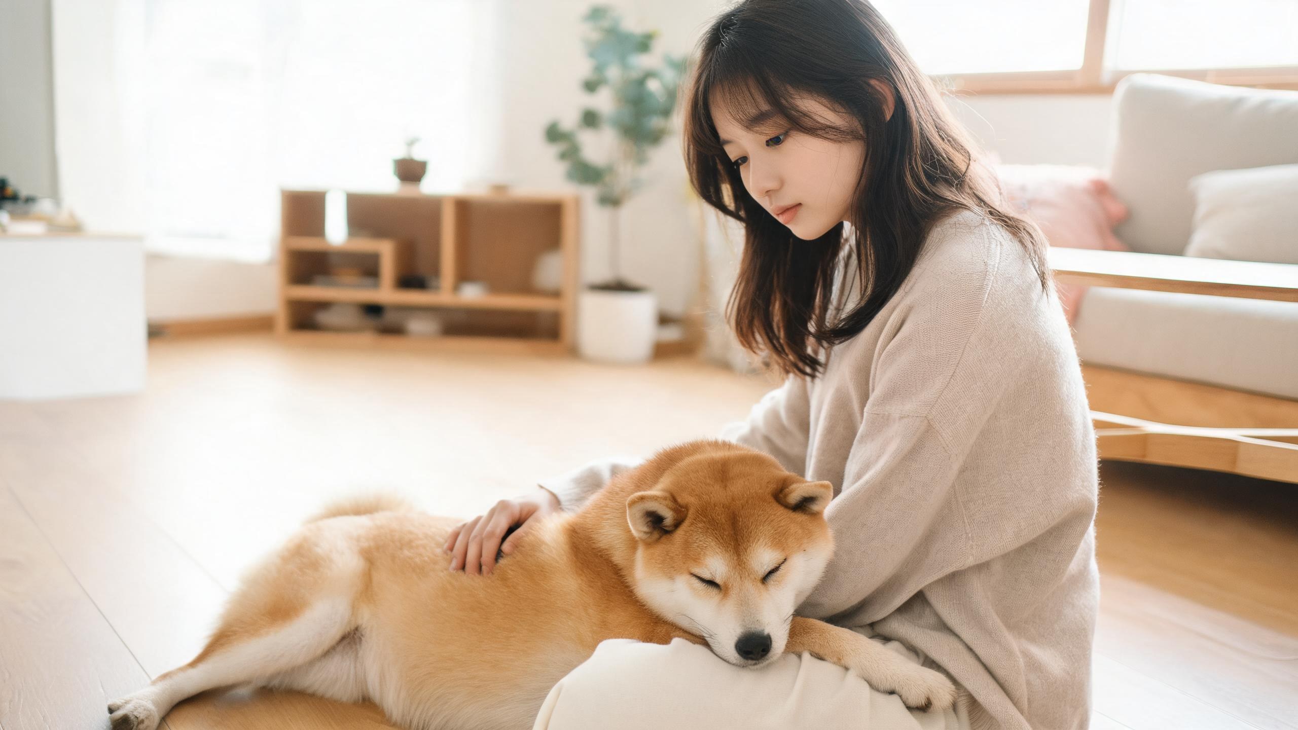 主人用溫和姿勢引導毛孩的居家情境，呼應「狗狗行為介入」主題
