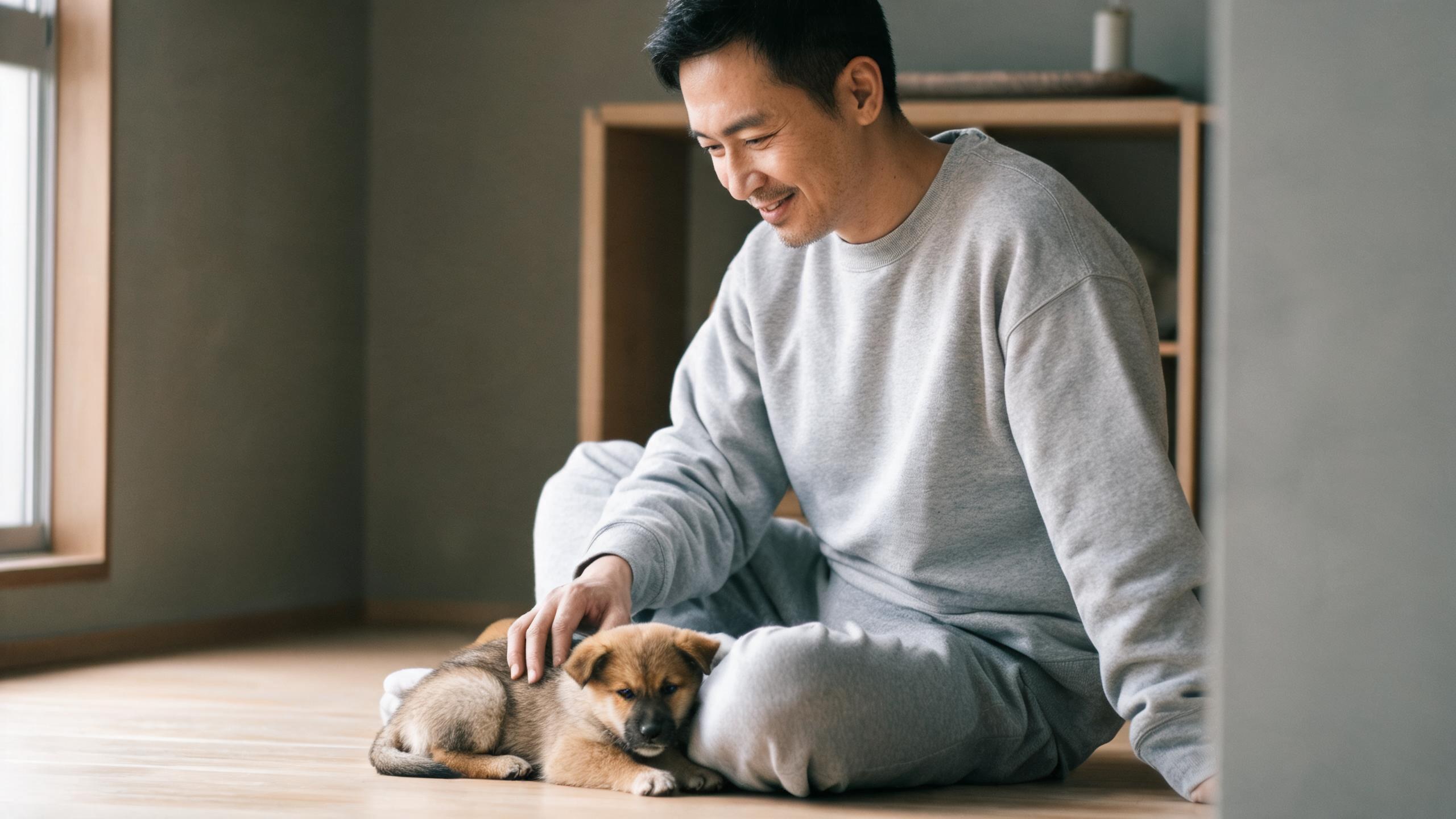 清晨家中毛孩靠近主人腳邊的生活畫面，呼應「狗狗壞習慣改善」主題