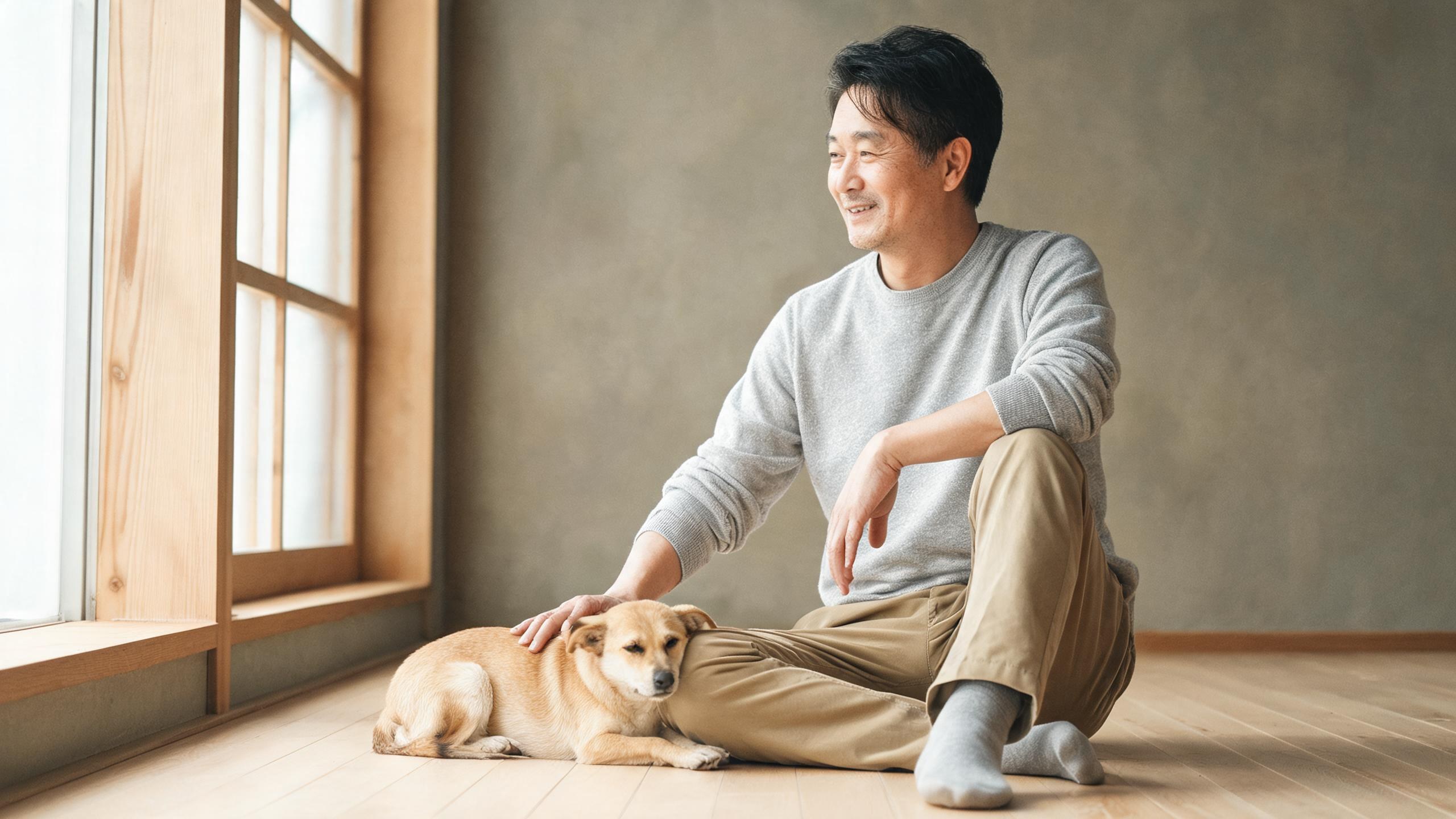主人用溫和姿勢引導毛孩的居家情境，呼應「狗狗壞習慣改善」主題