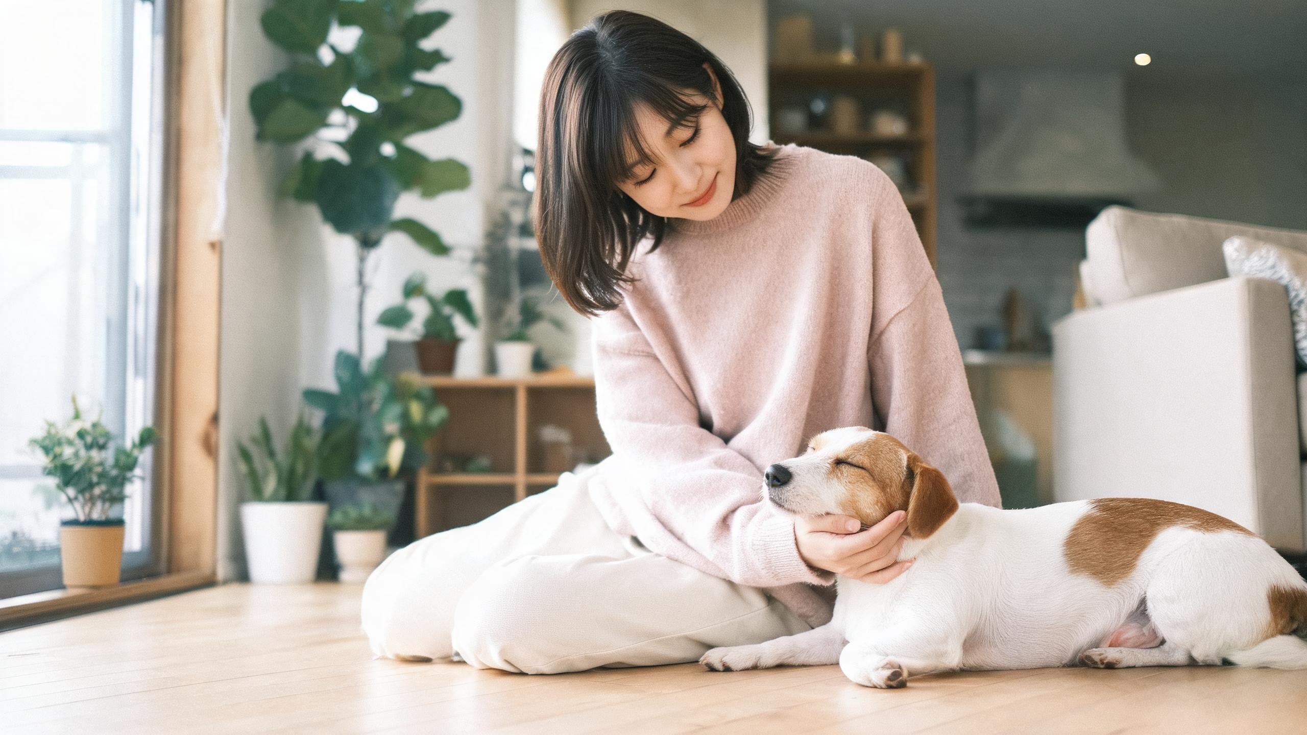 主人用溫和姿勢引導毛孩的居家情境，呼應「狗狗一直叫為什麼」主題
