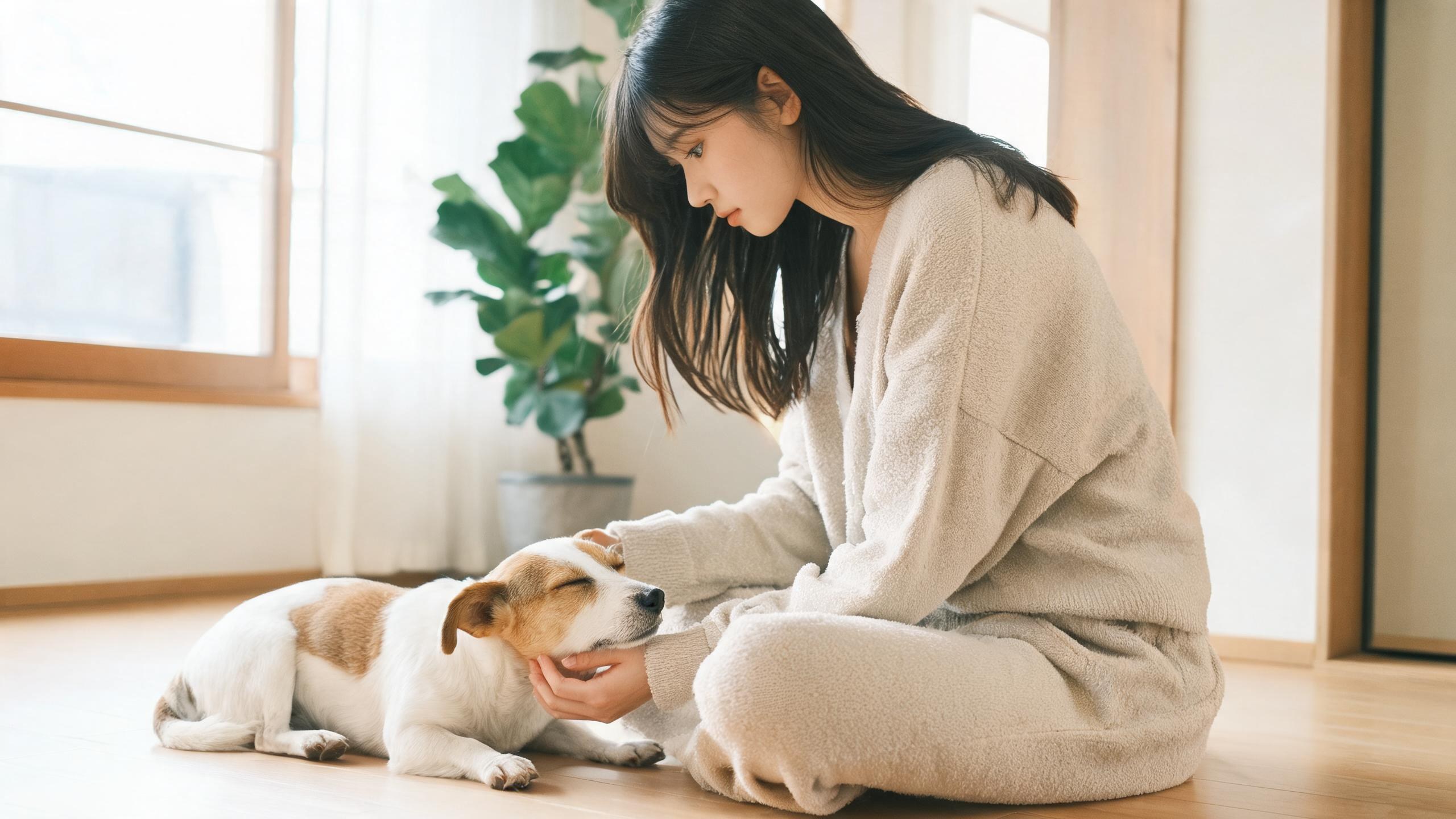 毛孩在家中停下來看主人的日常瞬間，呼應「狗狗一直叫為什麼」主題