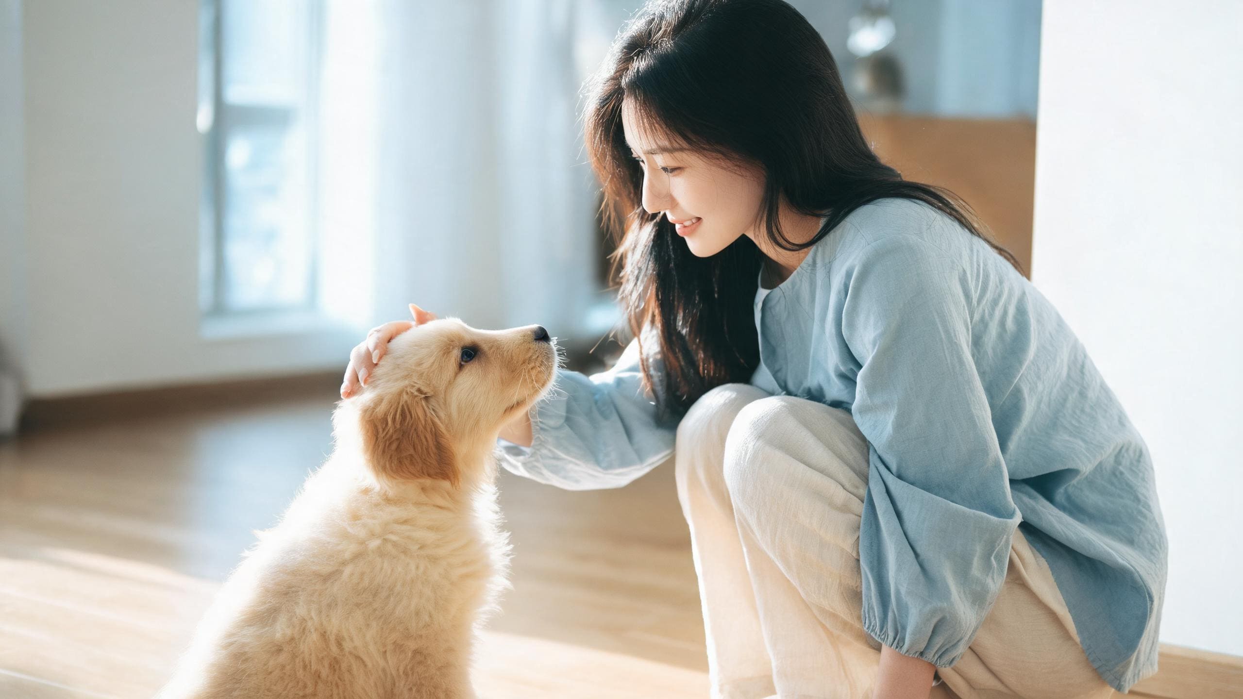 狗狗咬人情境處理 - 朋友站在客廳遠處，飼主用零食讓狗狗練習看見陌生人
