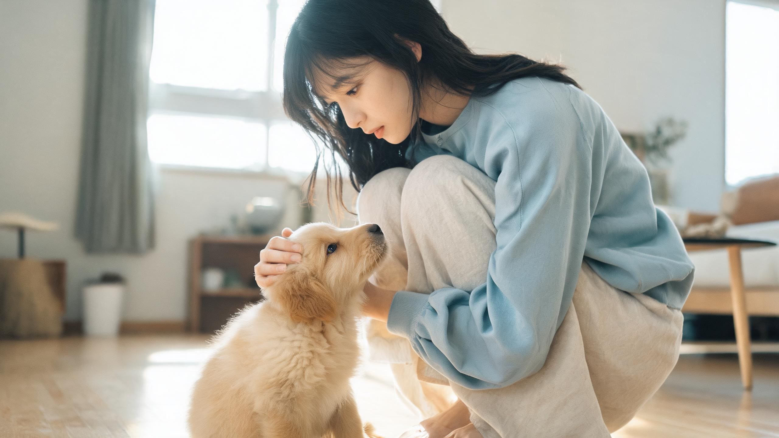 狗狗咬人情境處理 - 訓犬師在客廳觀察護食狗狗，飼主安靜坐在旁邊
