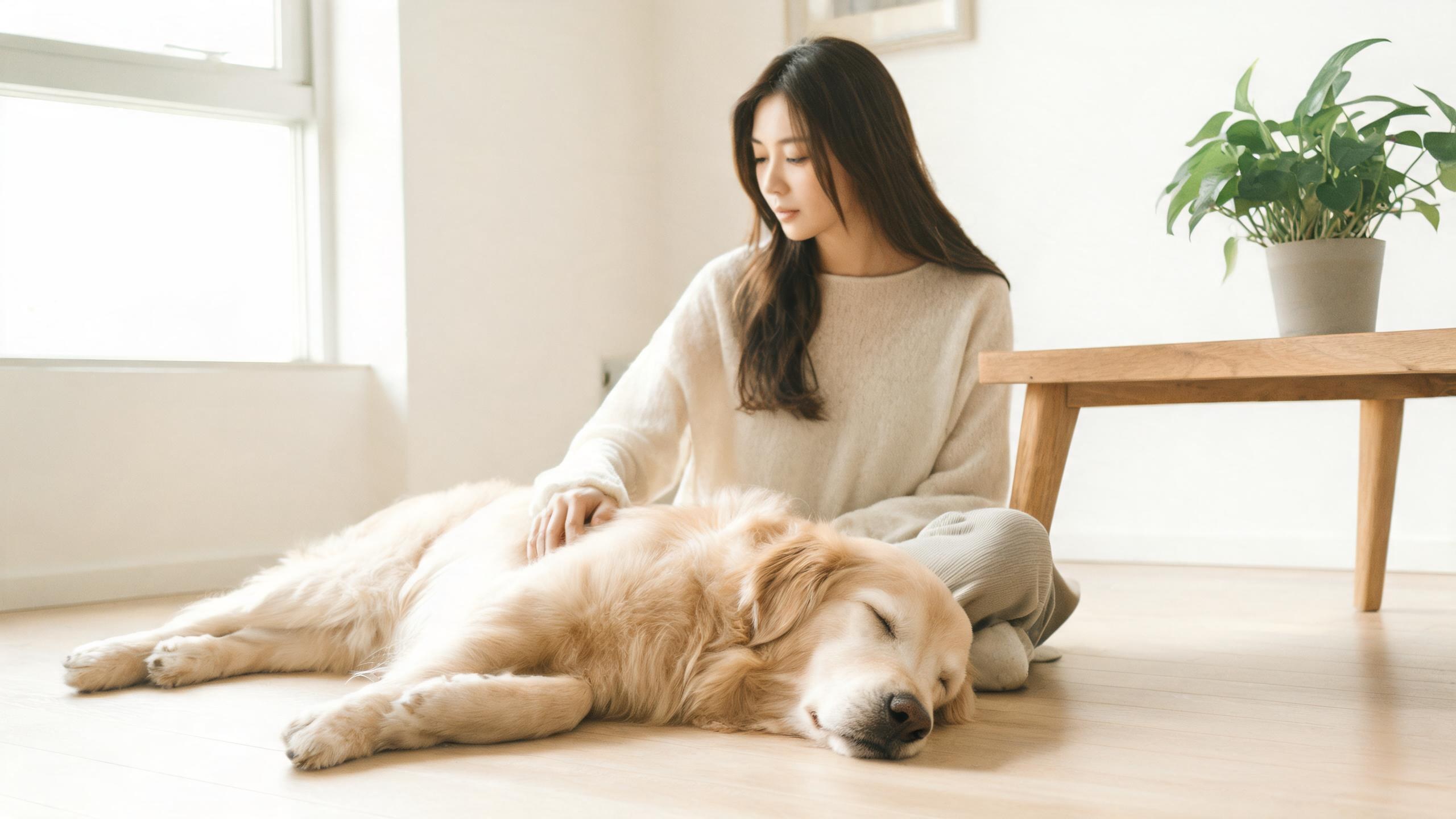 清晨家中毛孩靠近主人腳邊的生活畫面，呼應「狗狗肢體語言」主題