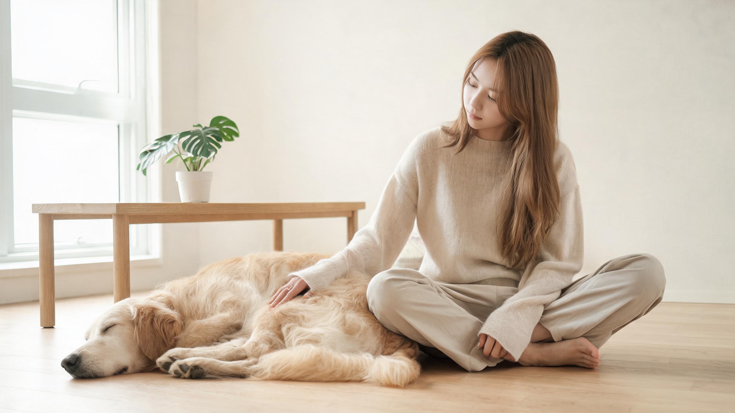 主人用溫和姿勢引導毛孩的居家情境，呼應「狗狗肢體語言」主題