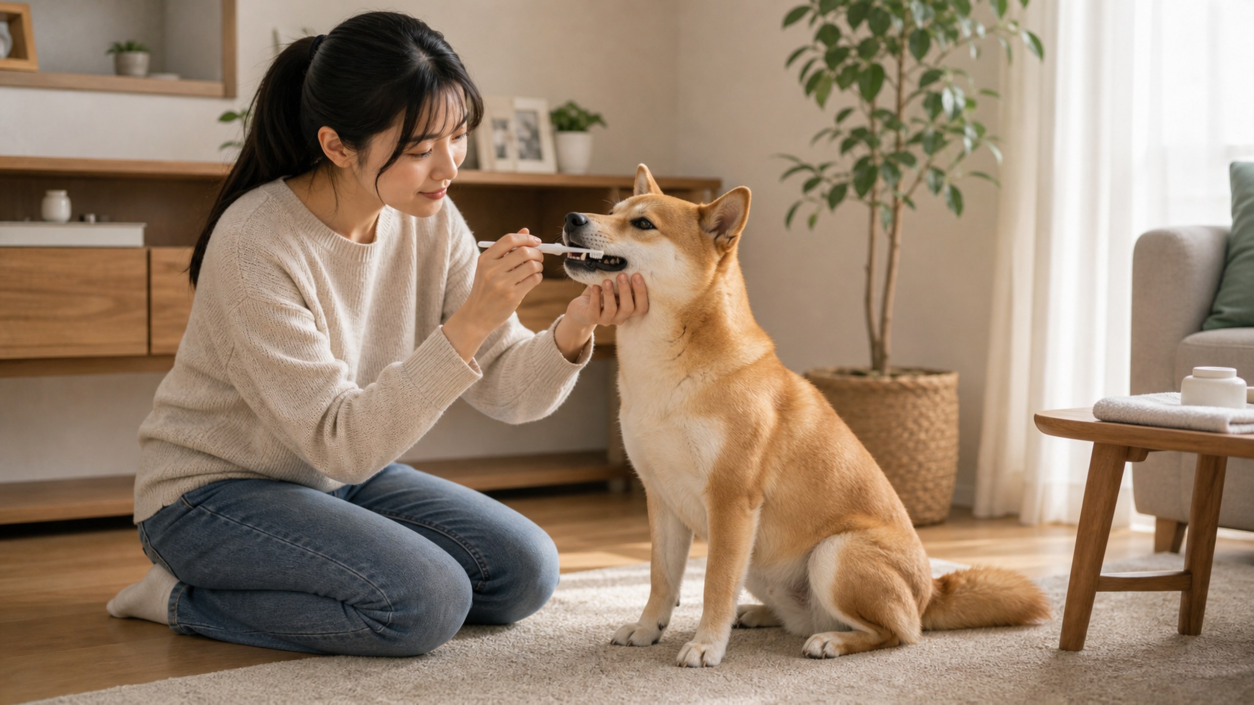主人用溫和姿勢引導毛孩的居家情境，呼應「狗狗疾病預防」主題