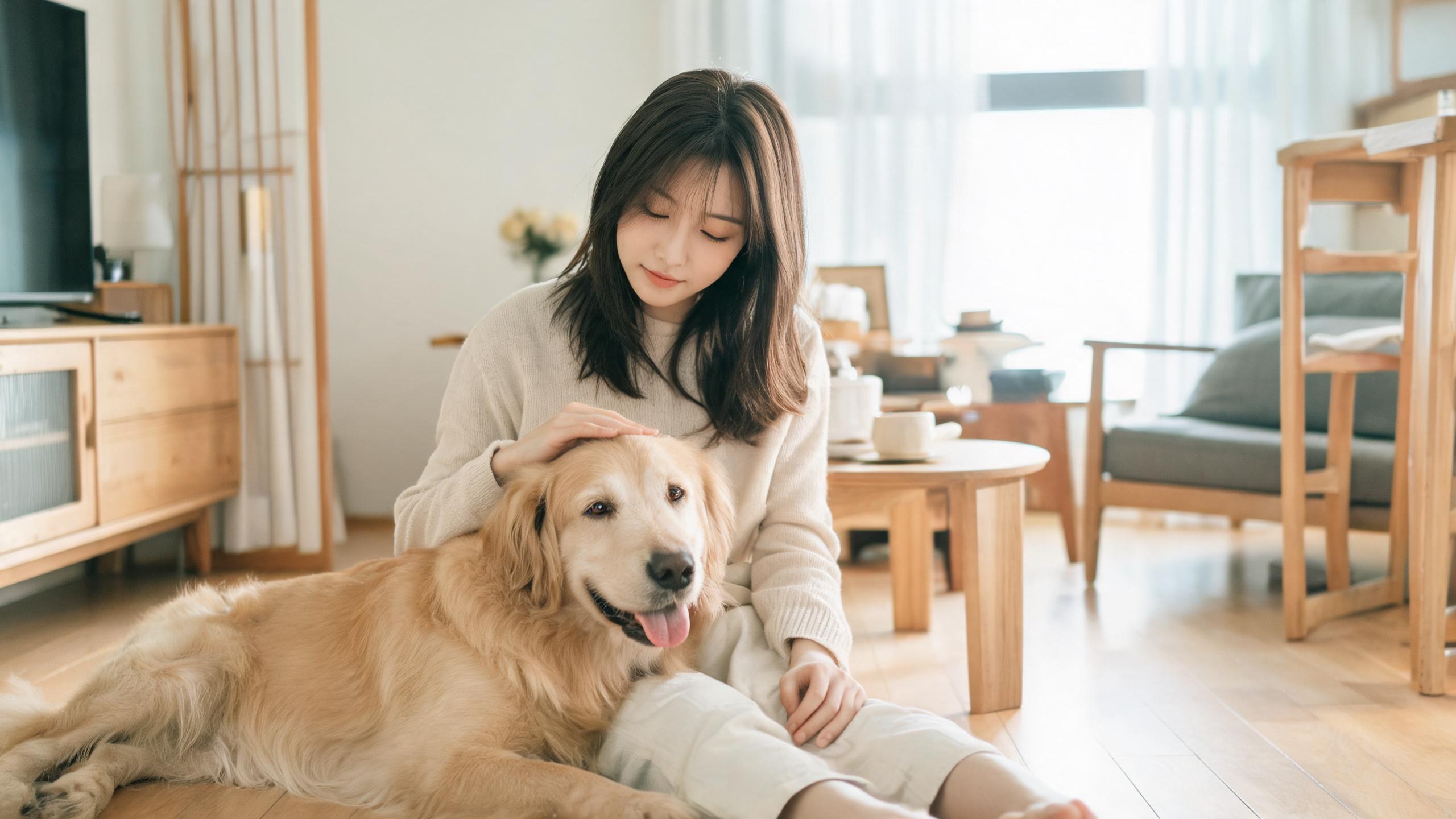 主人用溫和姿勢引導毛孩的居家情境，呼應「狗狗才藝訓練」主題