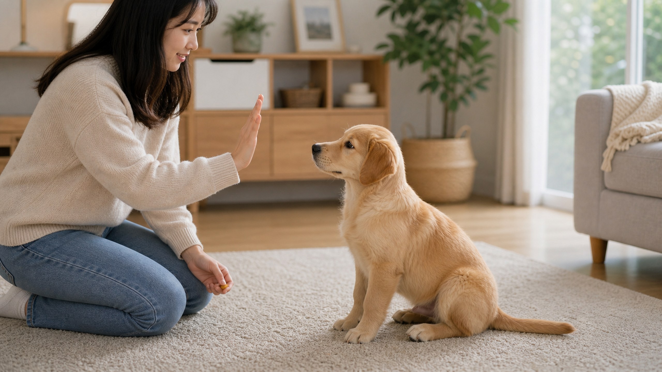 主人用溫和姿勢引導毛孩的居家情境，呼應「狗狗學習原理」主題