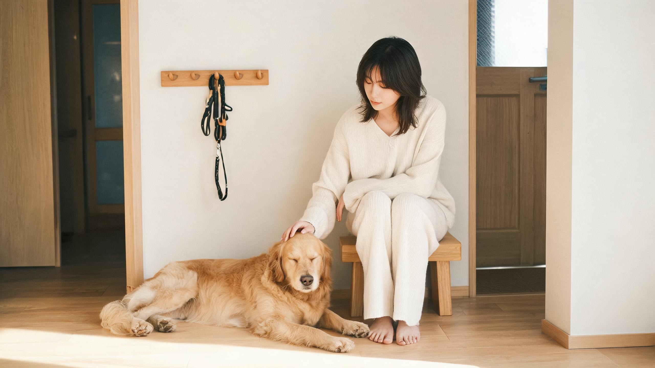 毛孩在家中停下來看主人的日常瞬間，呼應「牽繩正確使用方法」主題
