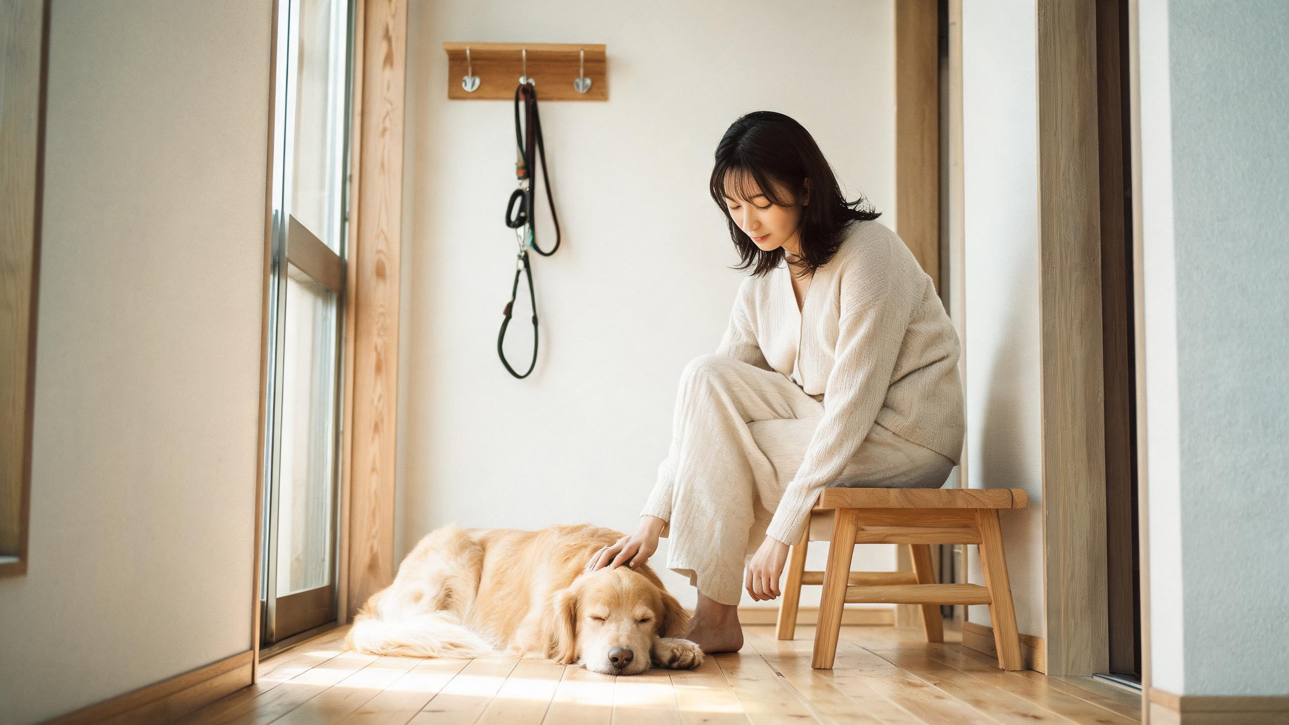 清晨家中毛孩靠近主人腳邊的生活畫面，呼應「狗狗隨行訓練」主題