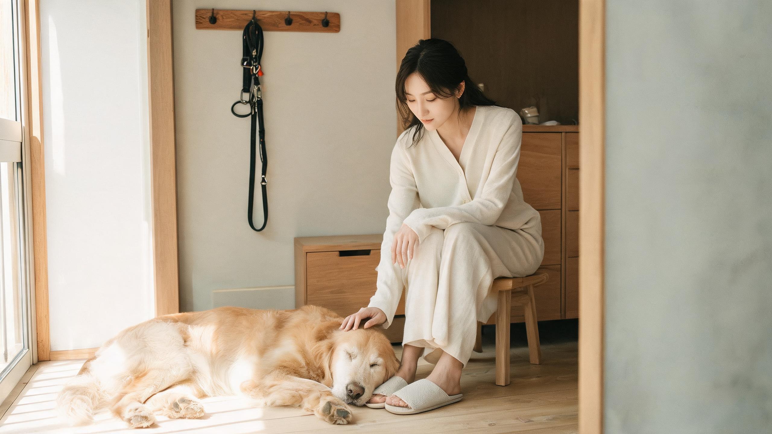 主人用溫和姿勢引導毛孩的居家情境，呼應「狗狗隨行訓練」主題