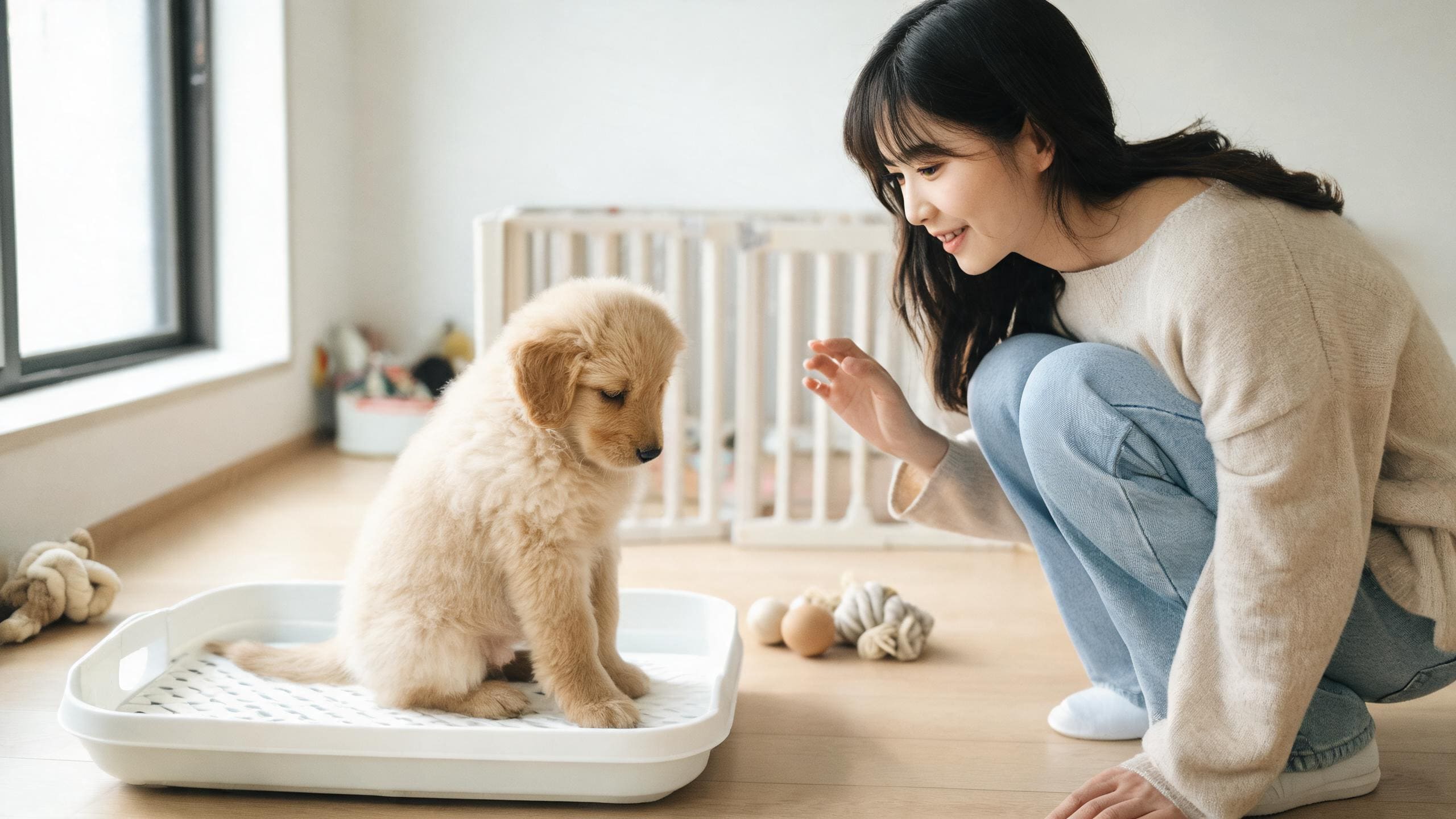 毛孩在家中停下來看主人的日常瞬間，呼應「狗狗定點大小便訓練」主題