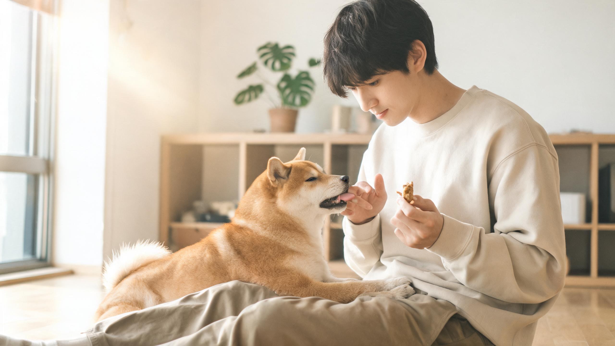 主人用溫和姿勢引導毛孩的居家情境，呼應「狗狗拒食訓練」主題
