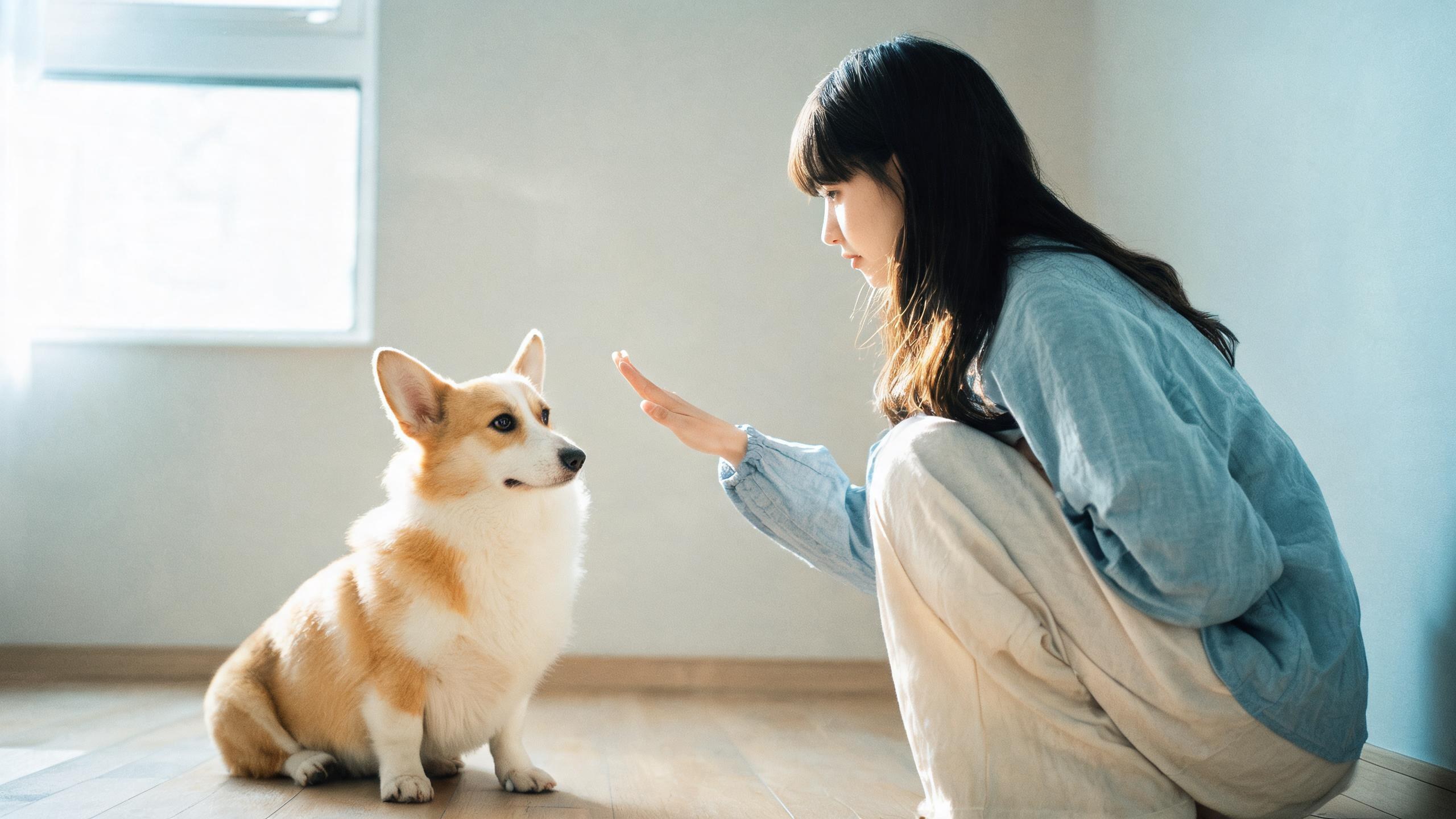 清晨家中毛孩靠近主人腳邊的生活畫面，呼應「狗狗坐下與等待訓練」主題