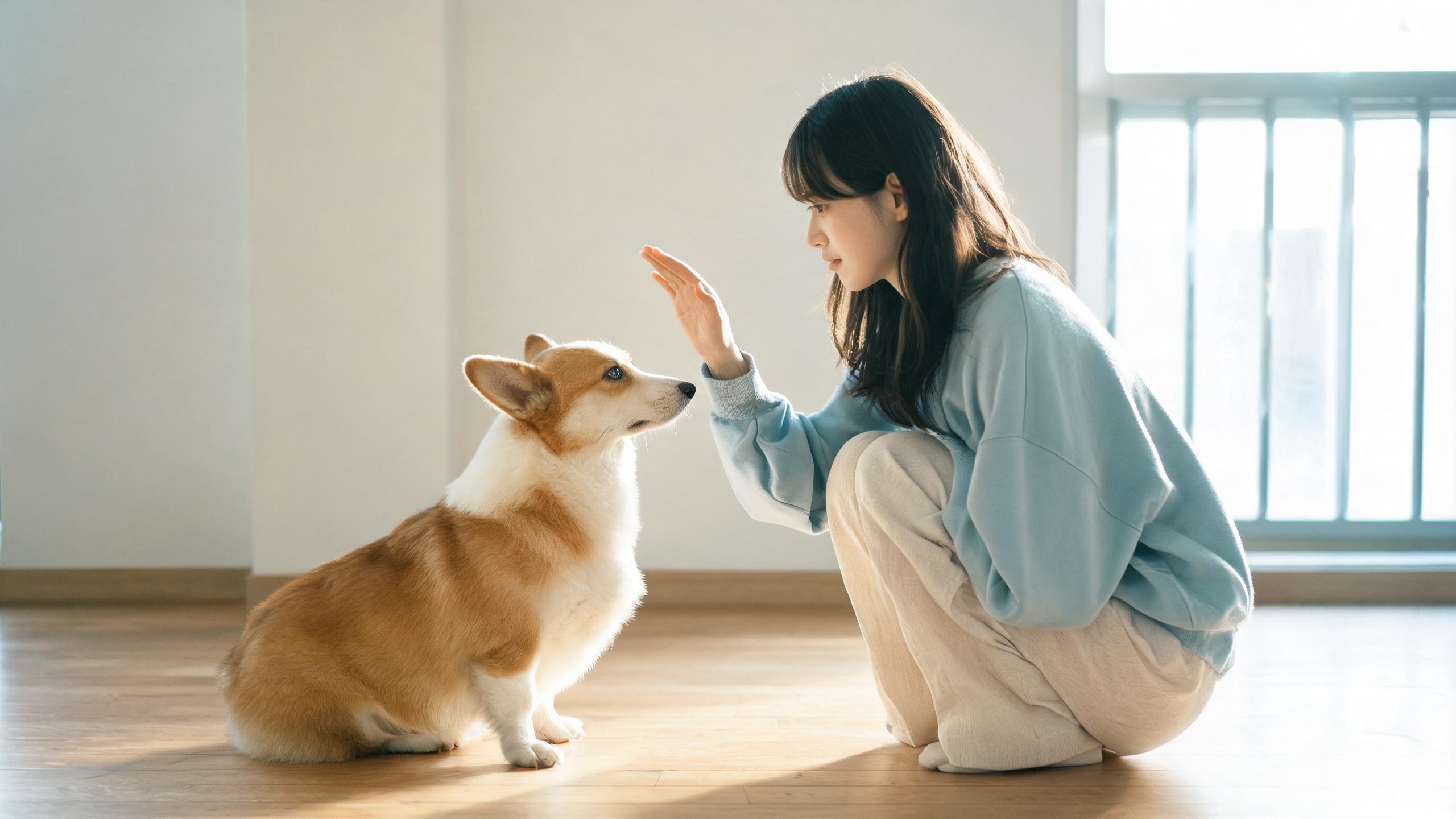 主人用溫和姿勢引導毛孩的居家情境，呼應「狗狗坐下與等待訓練」主題
